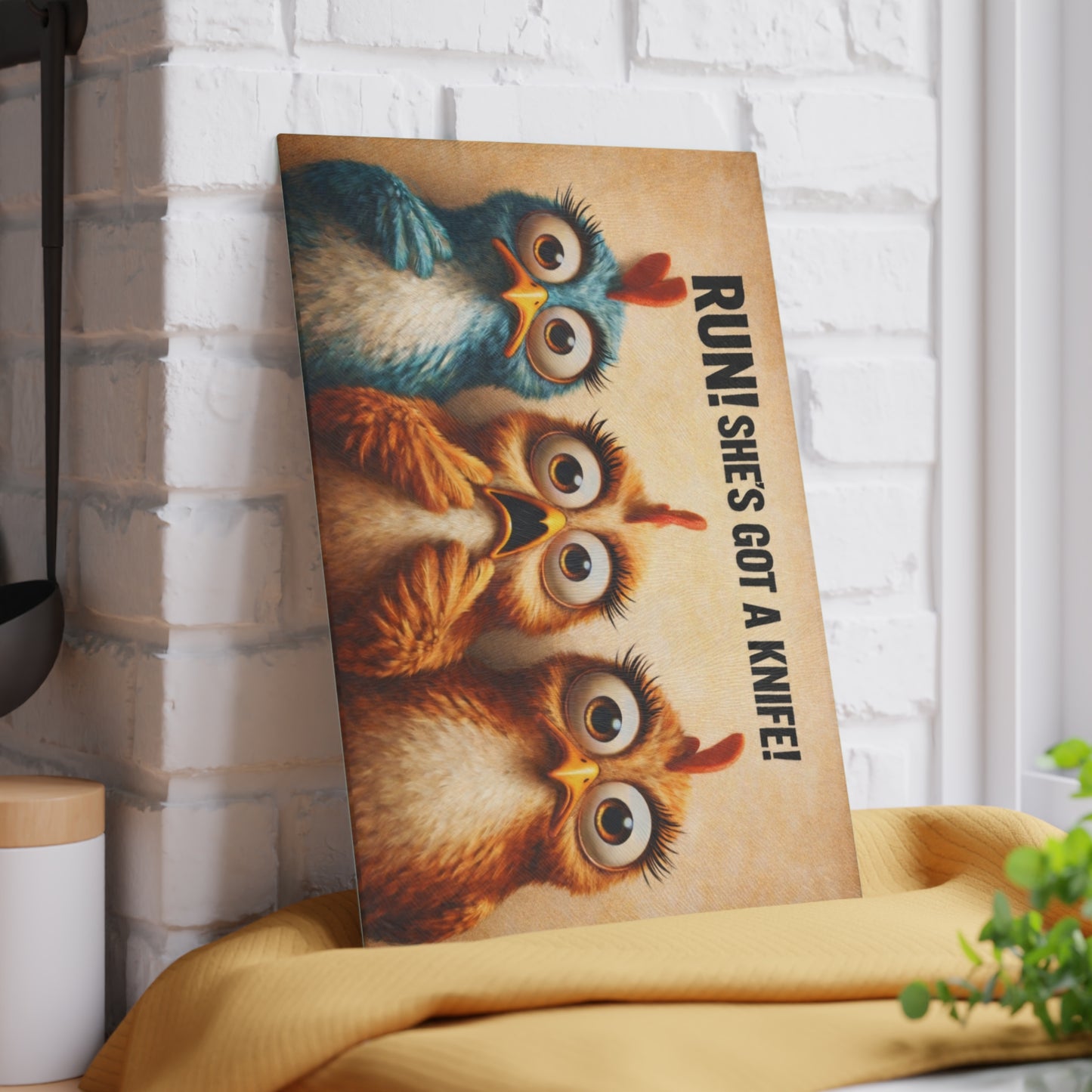 RUN! She’s Got a Knife Glass Cutting Board – Wide-Eyed Chicken Panic Farmhouse Artwork