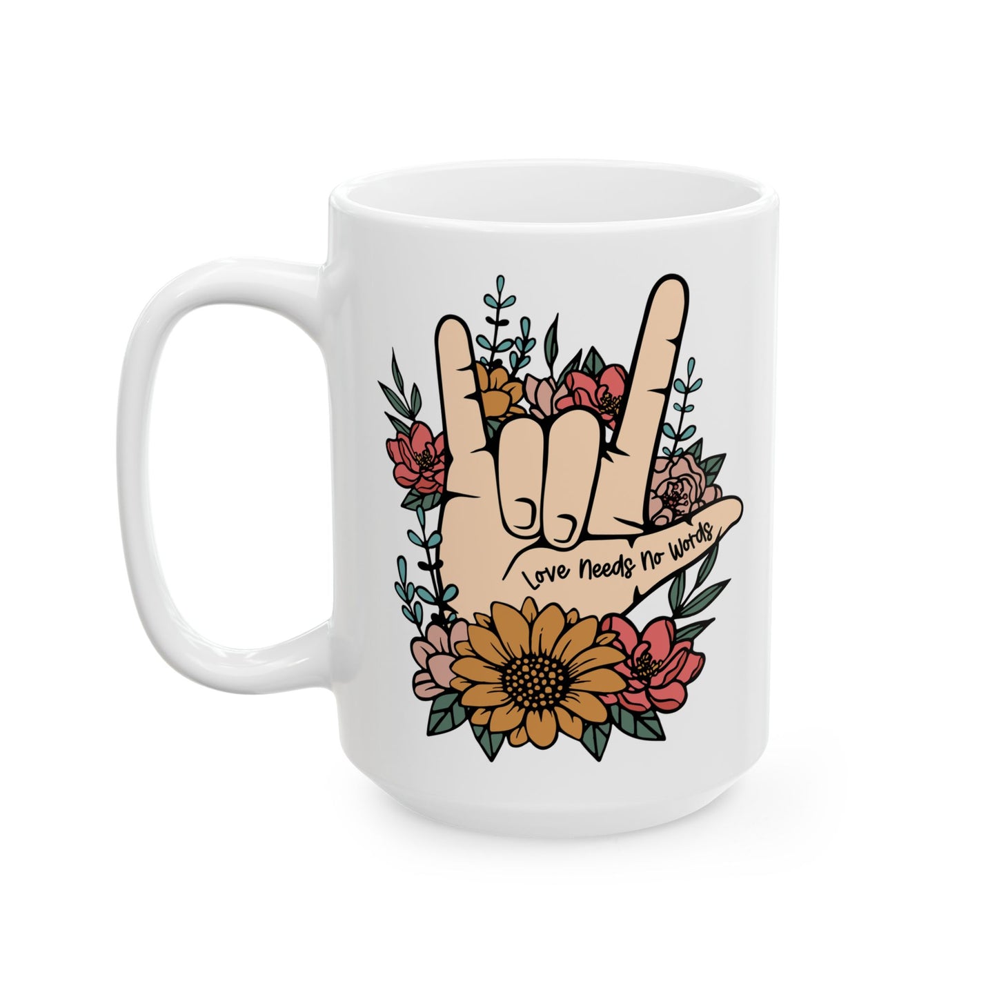 💖 "El amor no necesita palabras" – Taza de mano en lenguaje de señas con un hermoso diseño floral 🌸