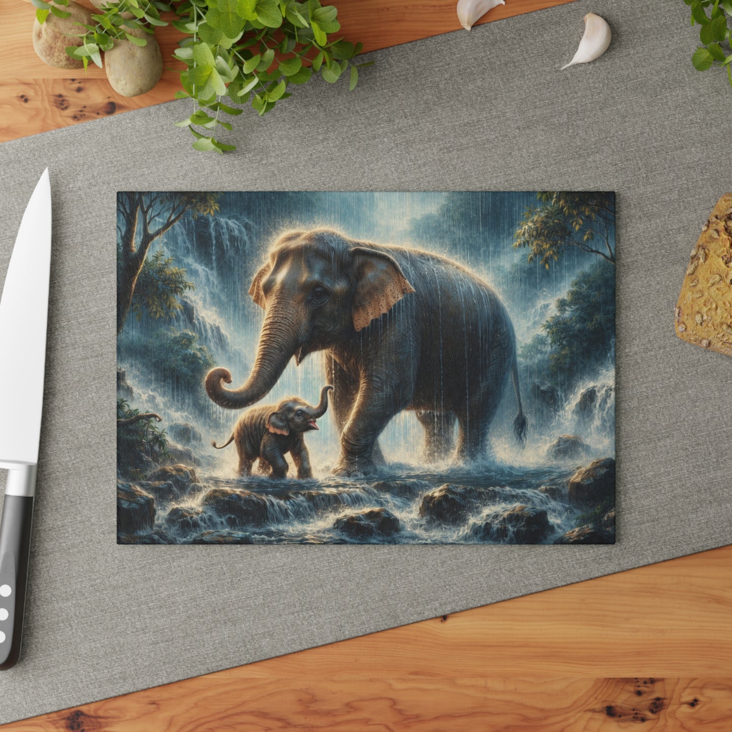 Elephant and Calf Rainforest Waterfall Glass Cutting Board – Dramatic Wildlife Kitchen Art