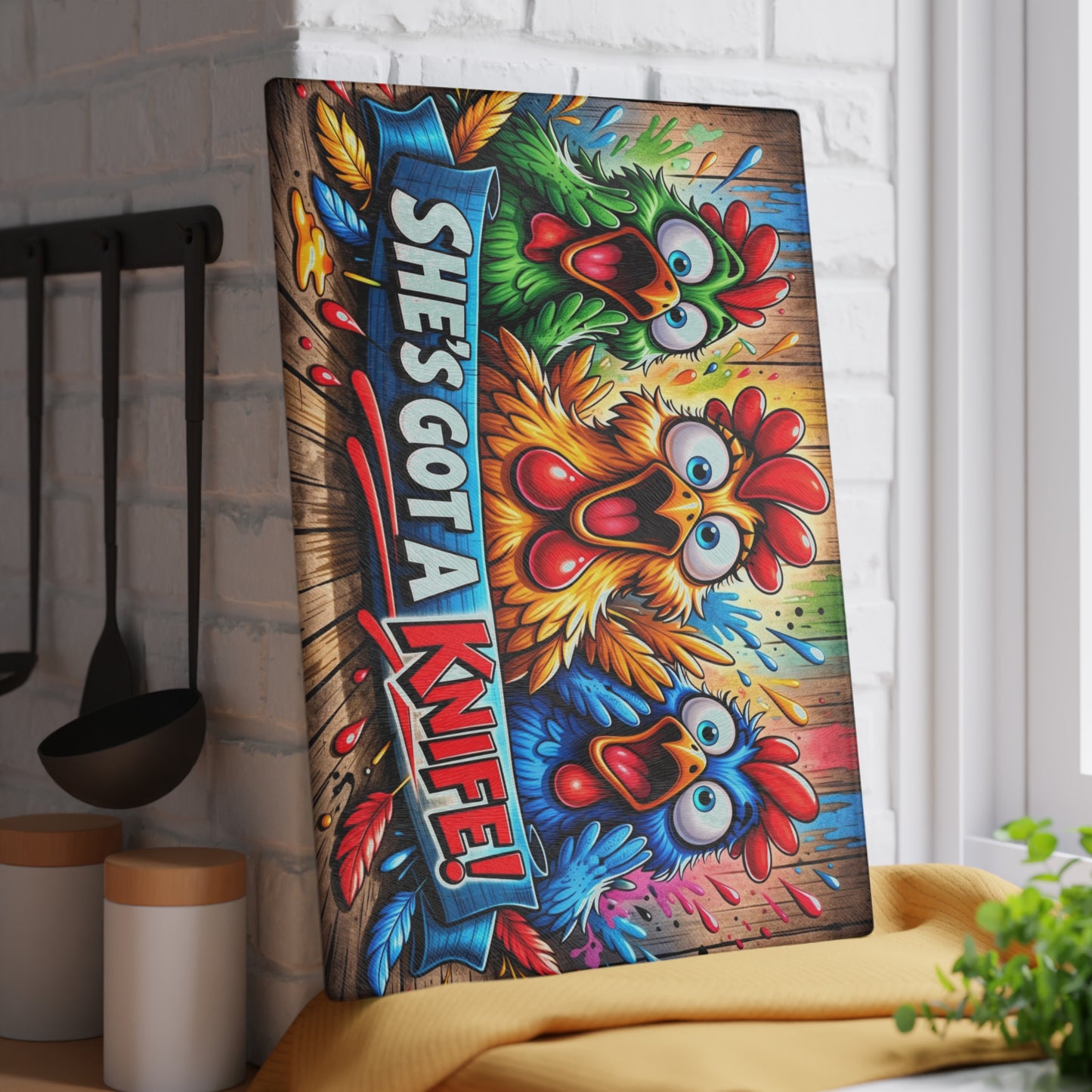 She’s Got a Knife! Glass Cutting Board – Loud Color Chicken Farmhouse Artwork