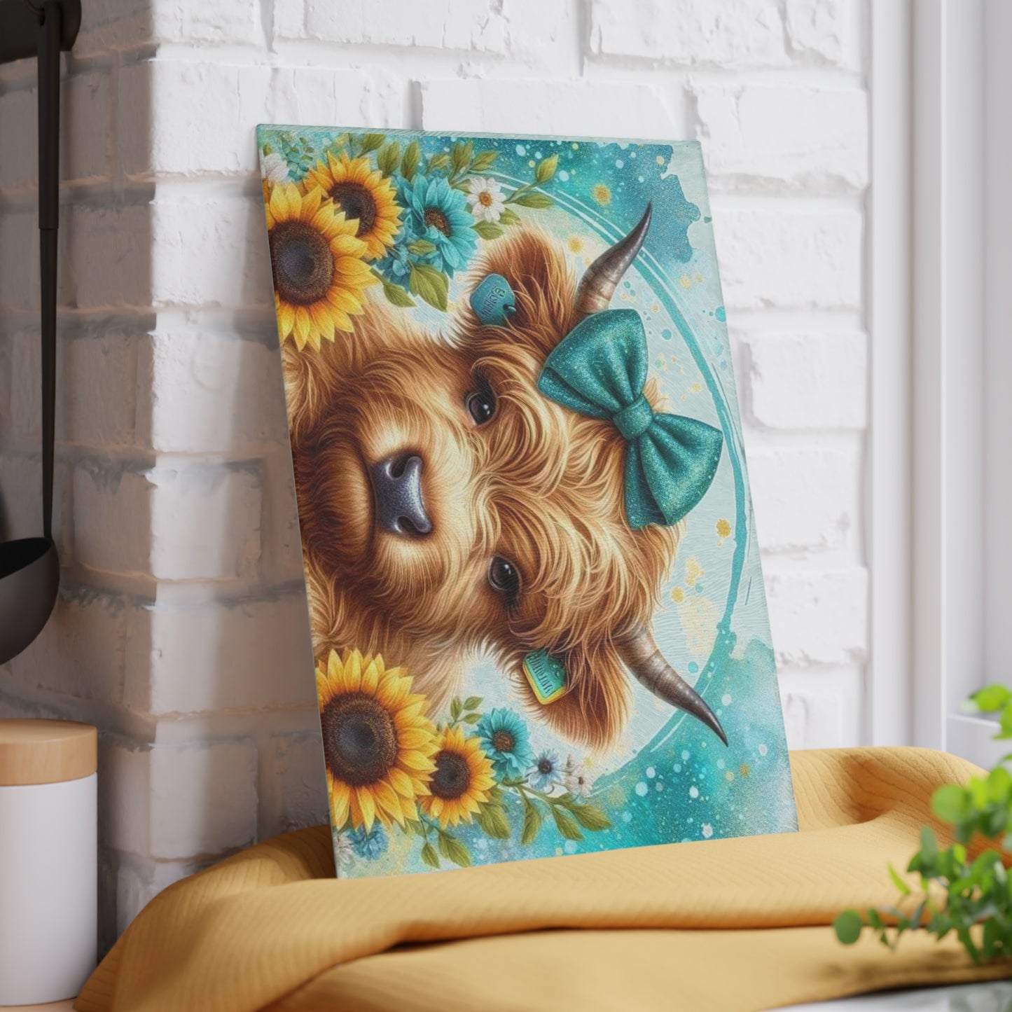 Tabla de cortar de vidrio con diseño de vaca de las Tierras Altas, lazo y girasoles
