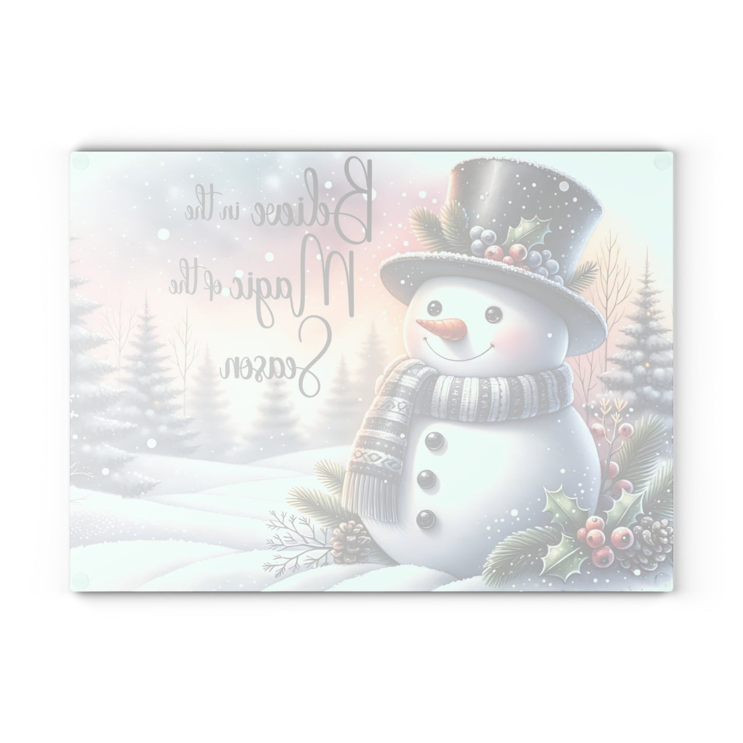 ⛄️✨ “Believe in the Magic of the Season” Glass Cutting Board – Cozy Charm for Your Kitchen