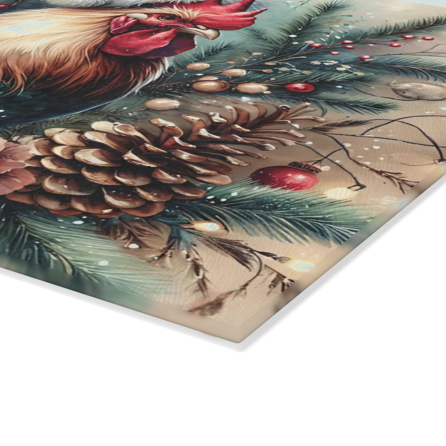 🐓🎄 “Holiday Rooster” Tempered Glass Board – Festive Farmhouse Cheer for Your Kitchen