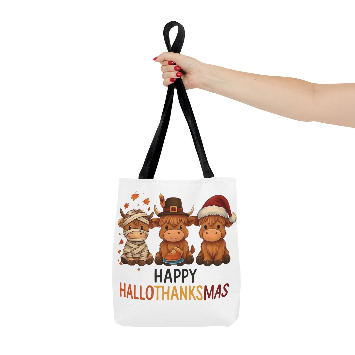 🐮 Happy Hallothanksmas Highland Cow Tote Bag – Holiday Fun All Season 🎃🦃🎄👜