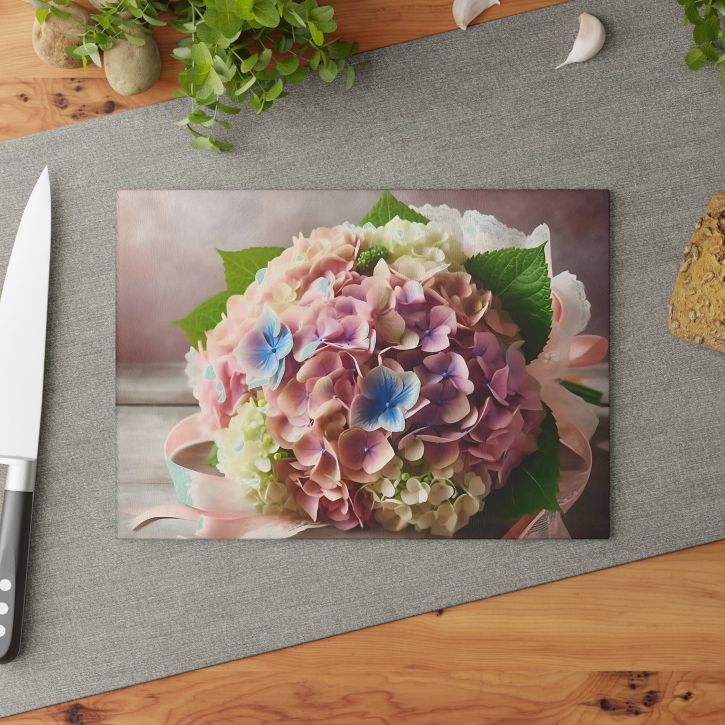 Tabla de cortar de vidrio templado con flores de hortensia: elegante decoración floral para la cocina, regalo único, tabla de cortar de vidrio, tabla para charcutería, tabla de cortar personalizada, flores