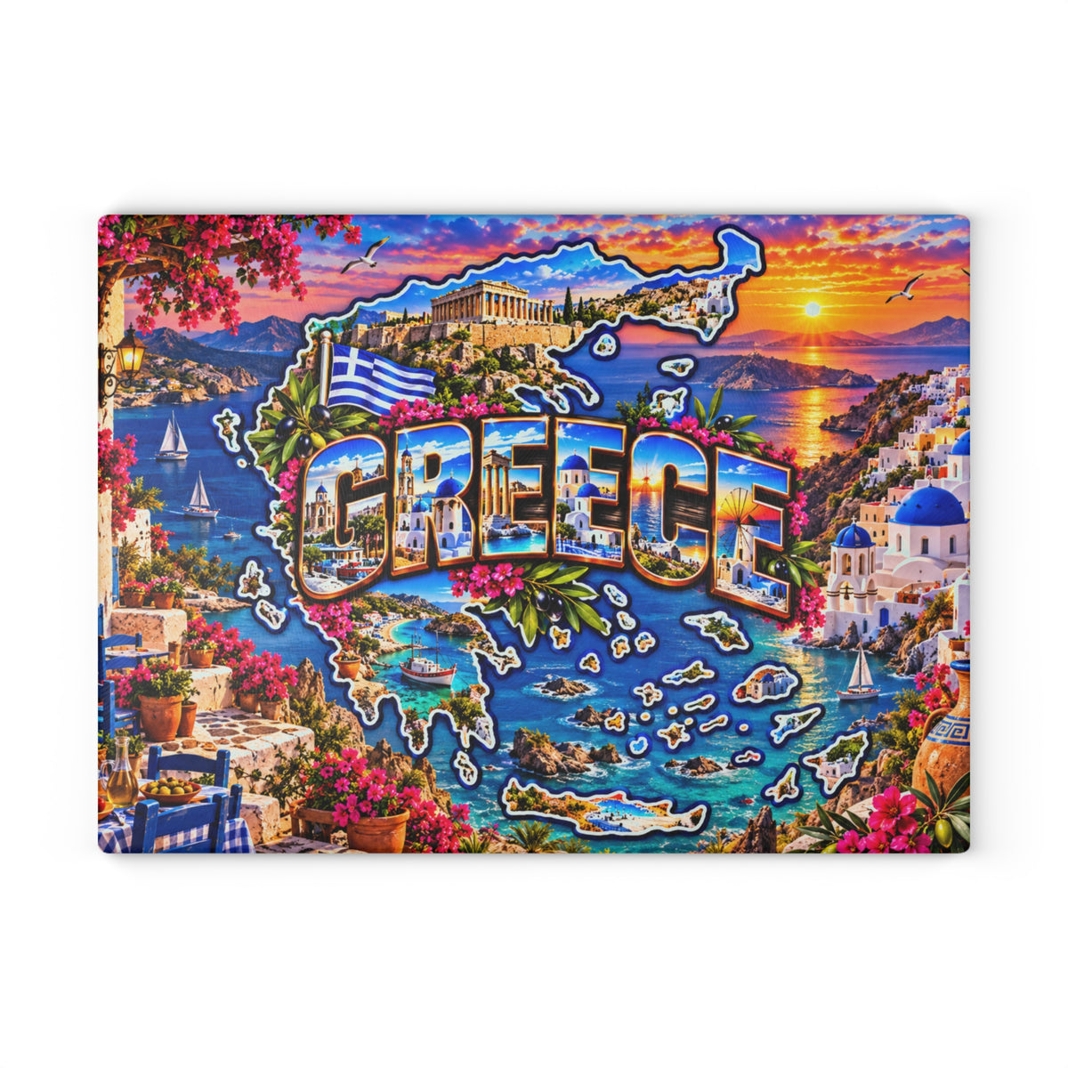 Greece Cutting Board – Greek Islands Map, Santorini Blue Domes, Parthenon, Aegean Sea & Mediterranean Kitchen Décor