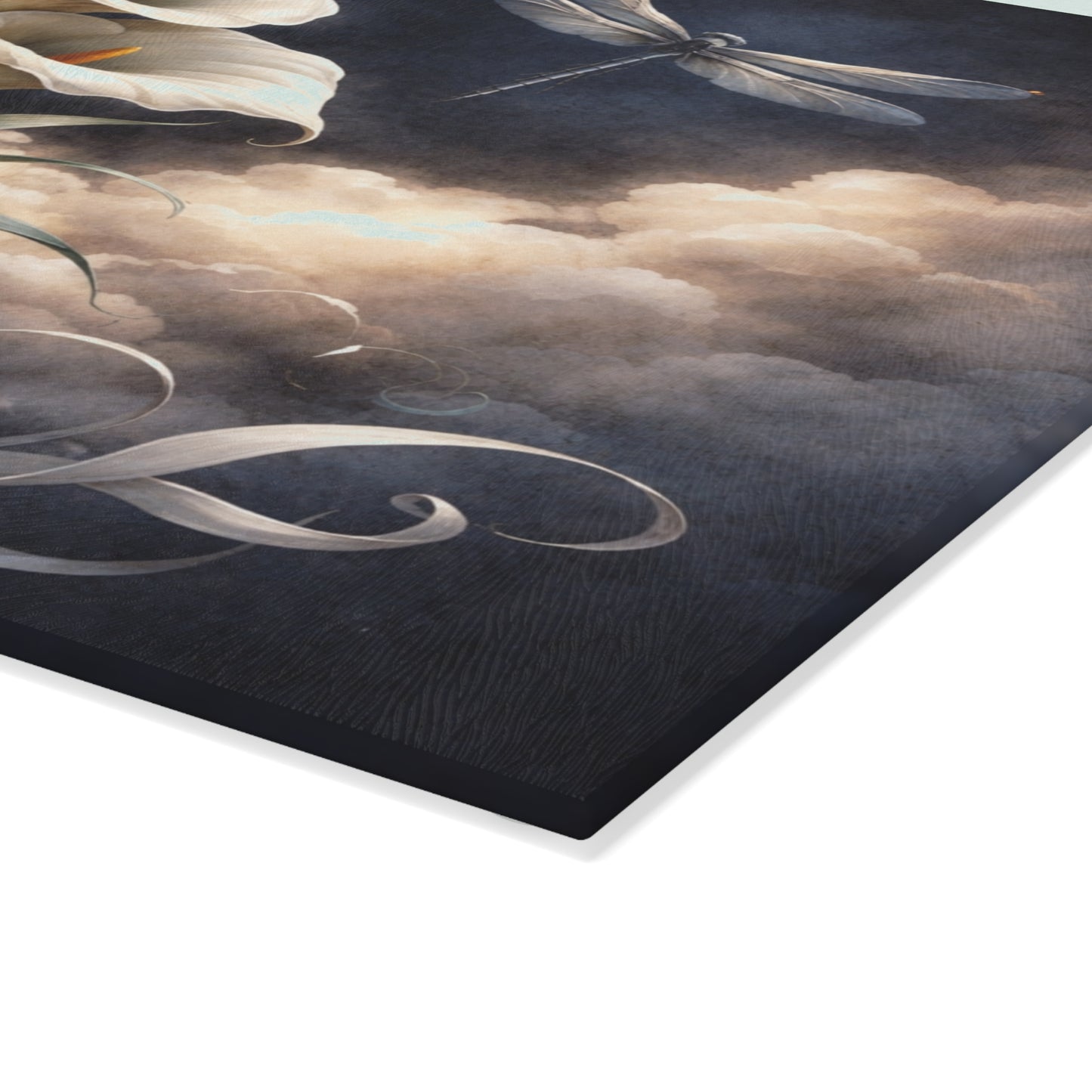 Calla Lily and Dragonfly Glass Cutting Board – Elegant Floral Botanical Artwork