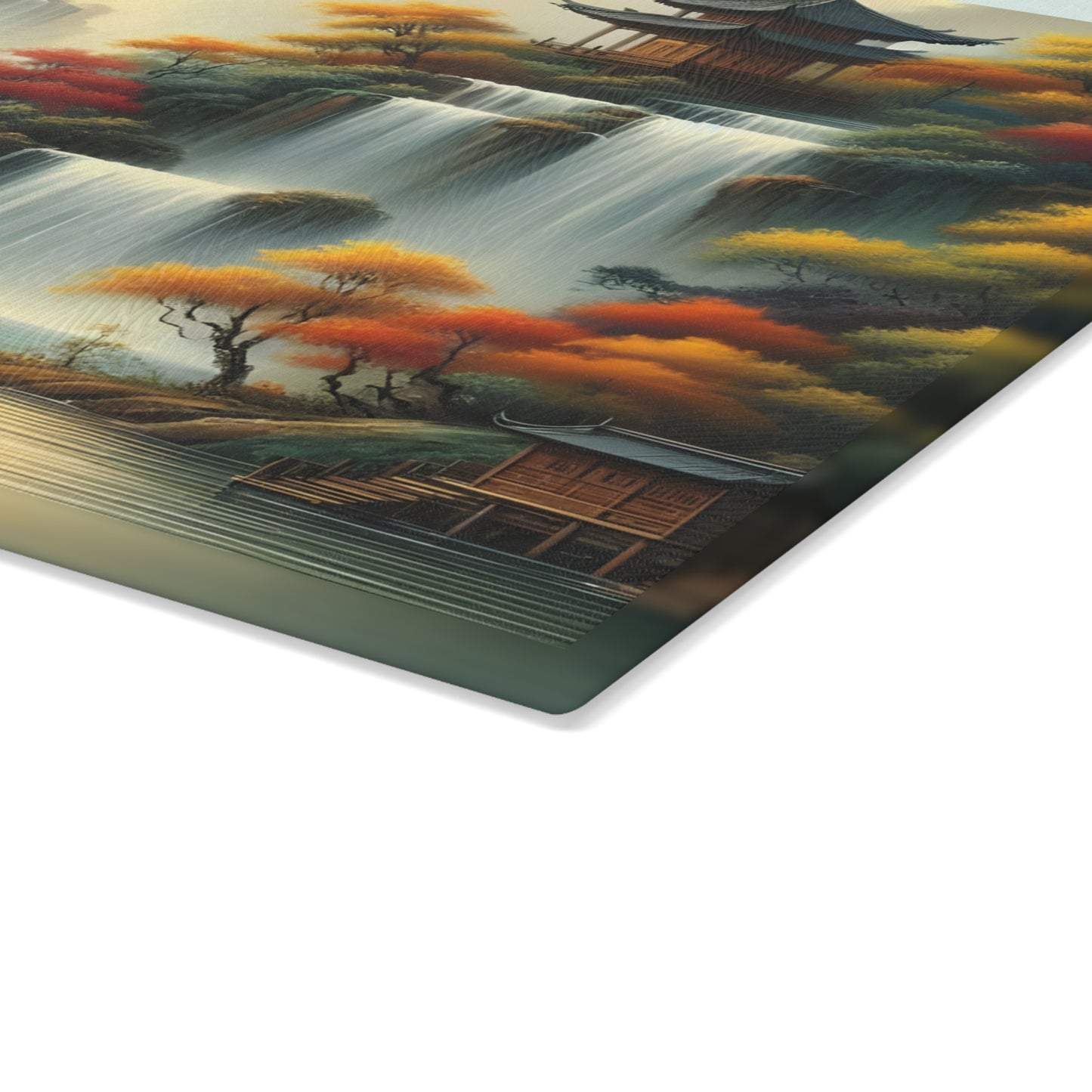 🍂🏯 Golden Serenity Waterfall Cutting Board – Peaceful Pagoda Landscape Art 🏯🍂