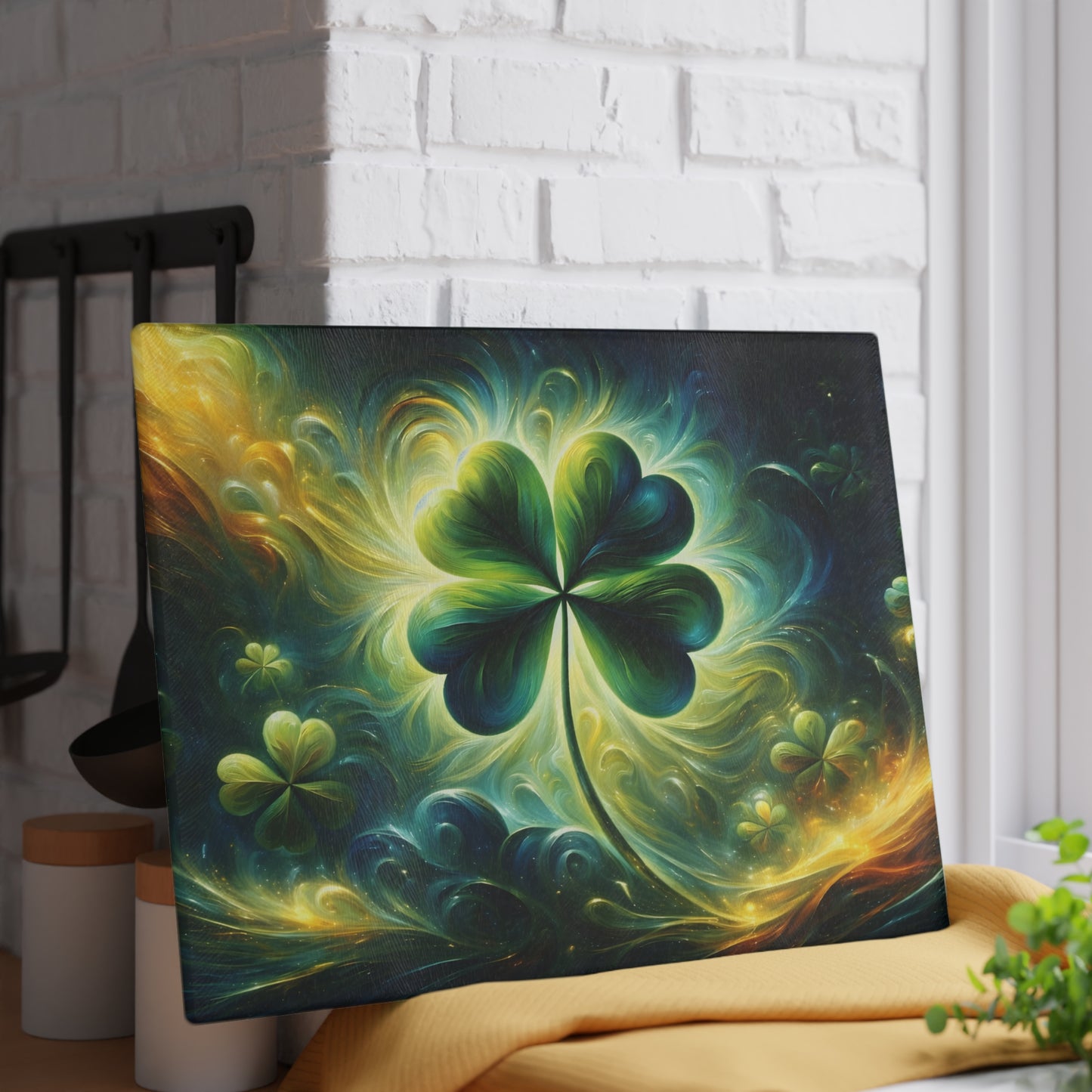 Luminous Shamrock Abstract Glass Cutting Board – St. Patrick’s Day Kitchen Art