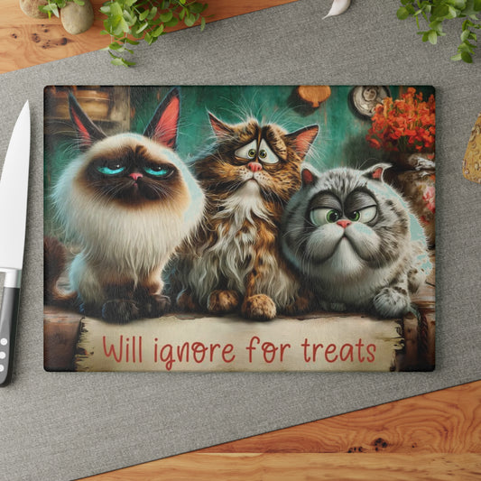 🐾🍪 “Will Ignore for Treats” Glass Cutting Board – Whimsical Cat Lovers Kitchen Décor