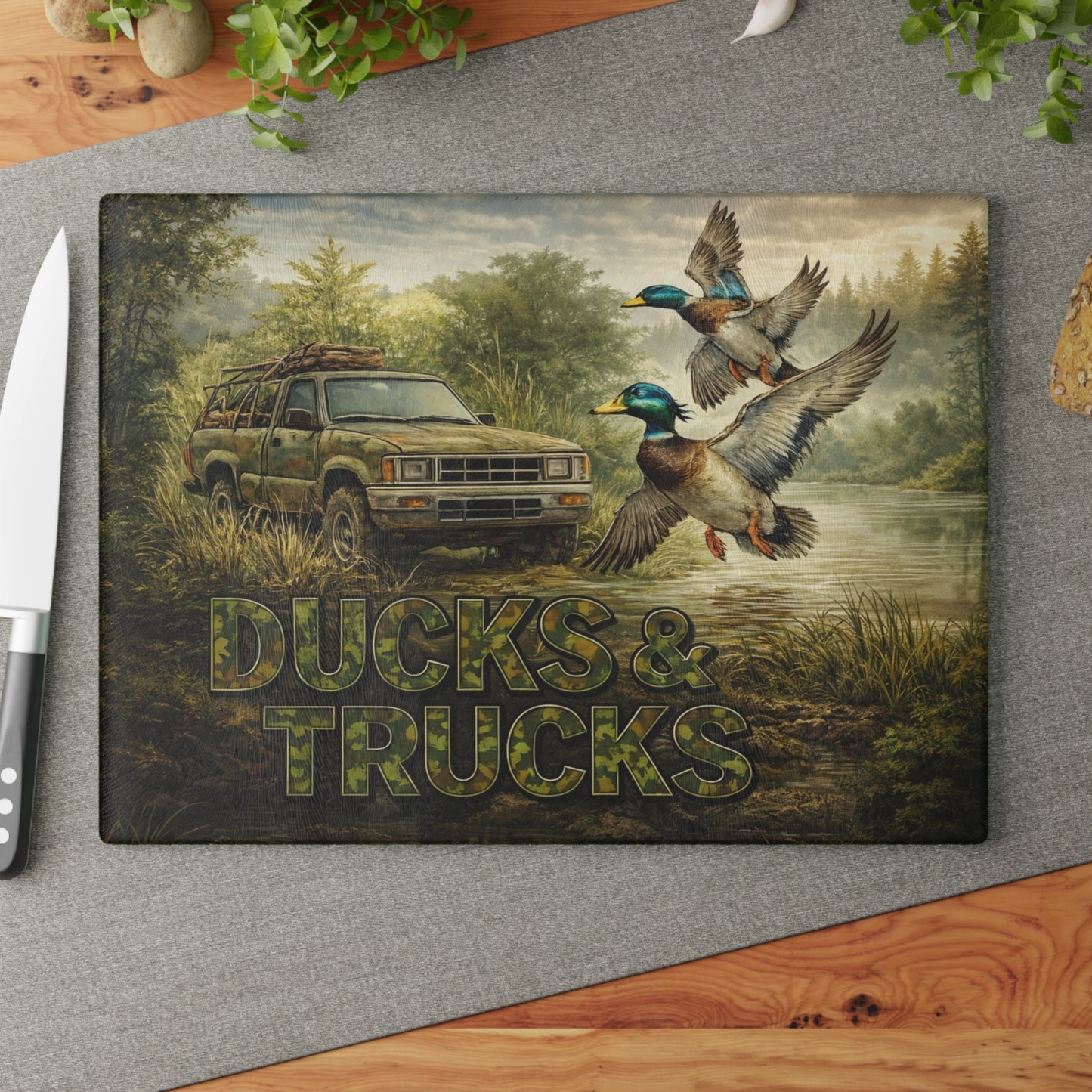 Ducks & Trucks Glass Cutting Board – Rustic Hunting Scene Kitchen Art & Display Board