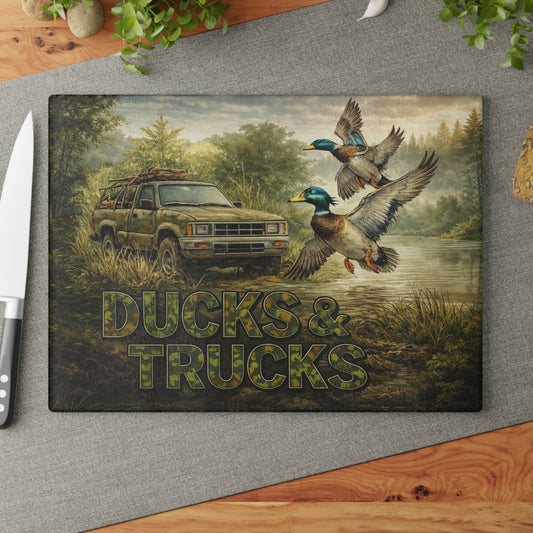 Ducks & Trucks Glass Cutting Board – Rustic Hunting Scene Kitchen Art & Display Board