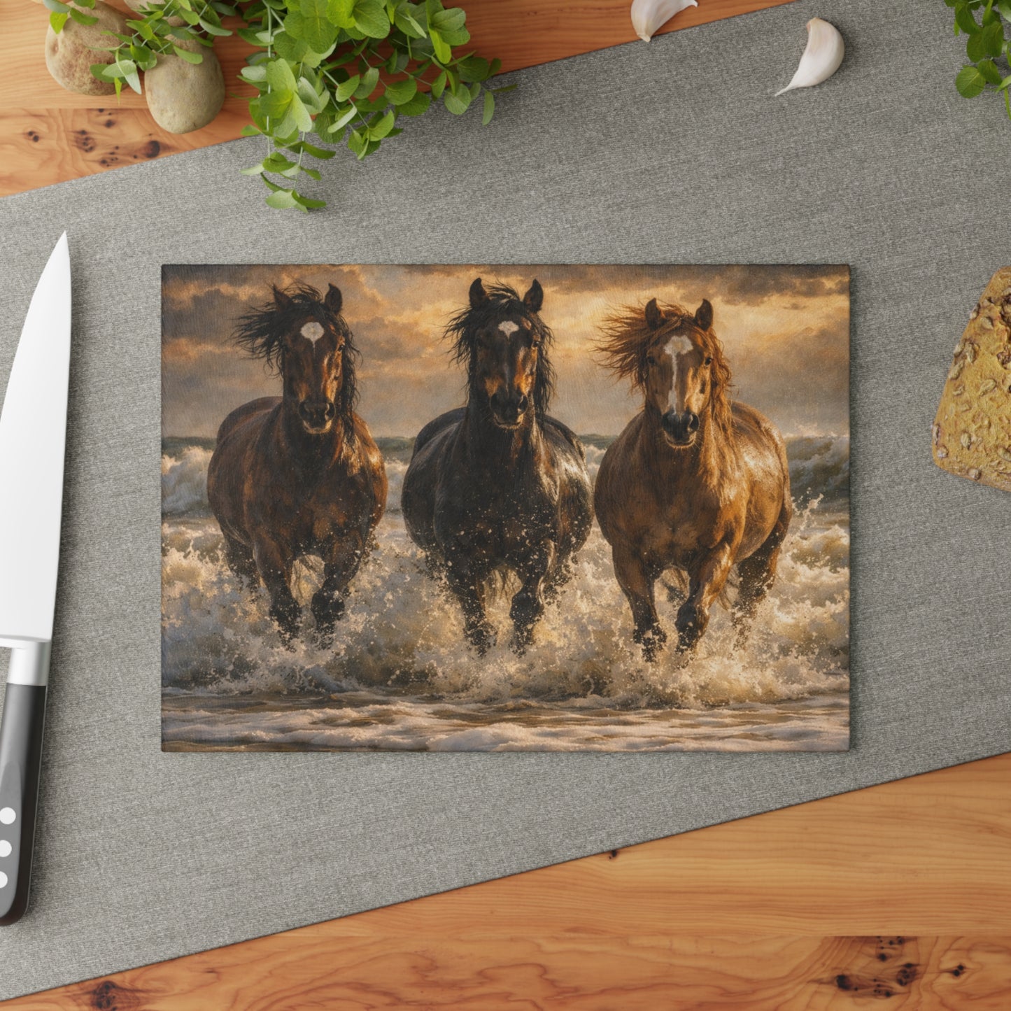 Running Horses on the Beach Glass Cutting Board – Coastal Horse Lover Farmhouse Kitchen Decor