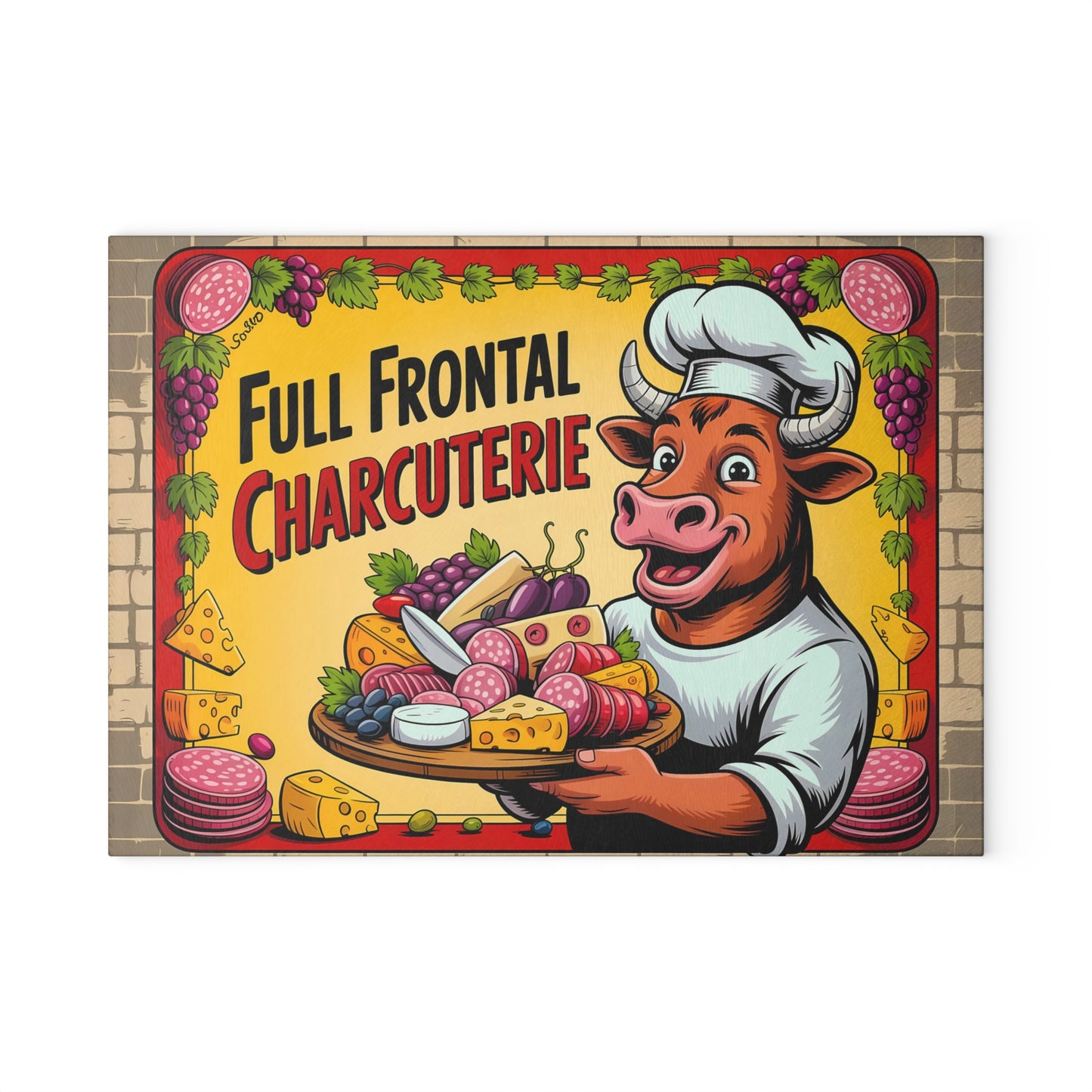 Tabla de cortar charcutería frontal completa: divertida decoración de cocina de Bull Chef para amantes de la carne y el queso