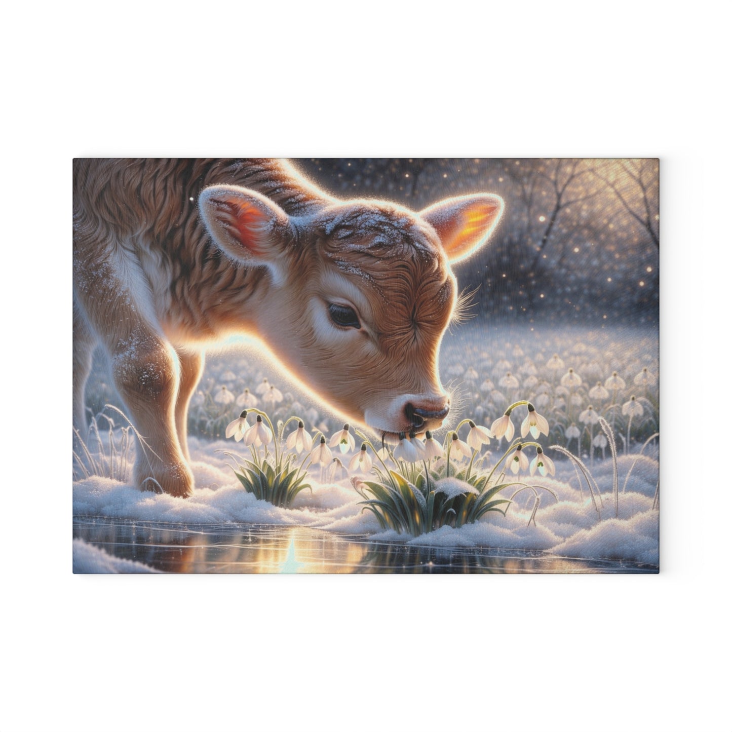 Frosted Meadow Calf Glass Cutting Board – Whimsical Winter Farm Art
