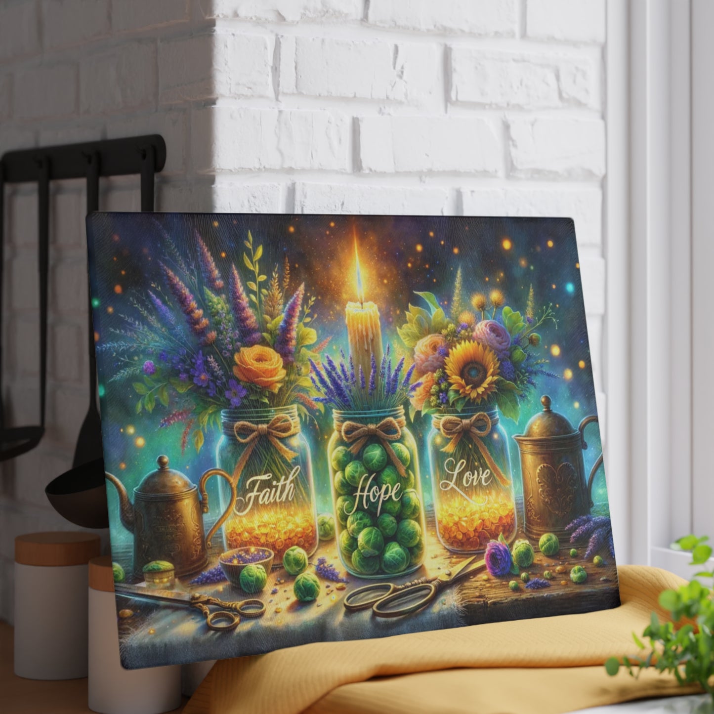 🕯️🌼 “Faith • Hope • Love” Mason Jar Glass Cutting Board – Warm Glow for Your Kitchen