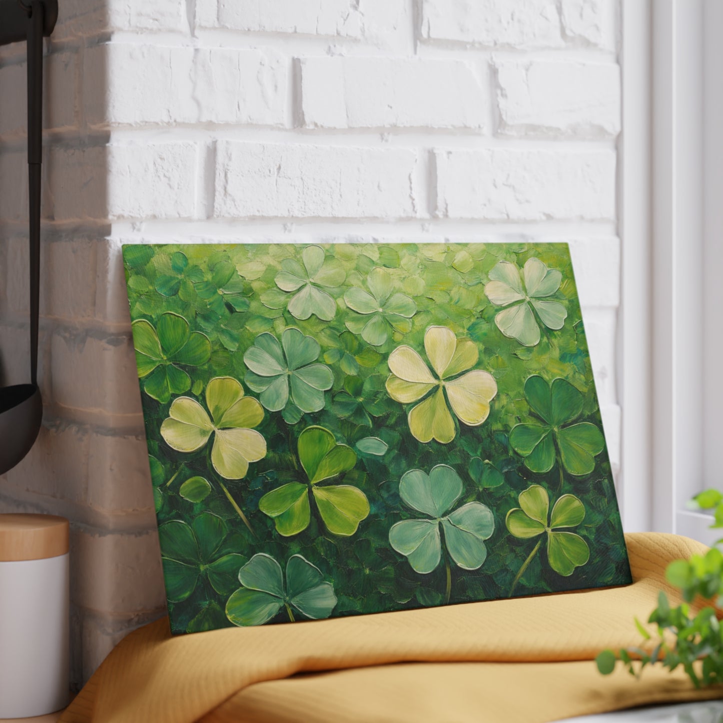 Shamrock Meadow Glass Cutting Board – Painterly Green Clover Kitchen Accent