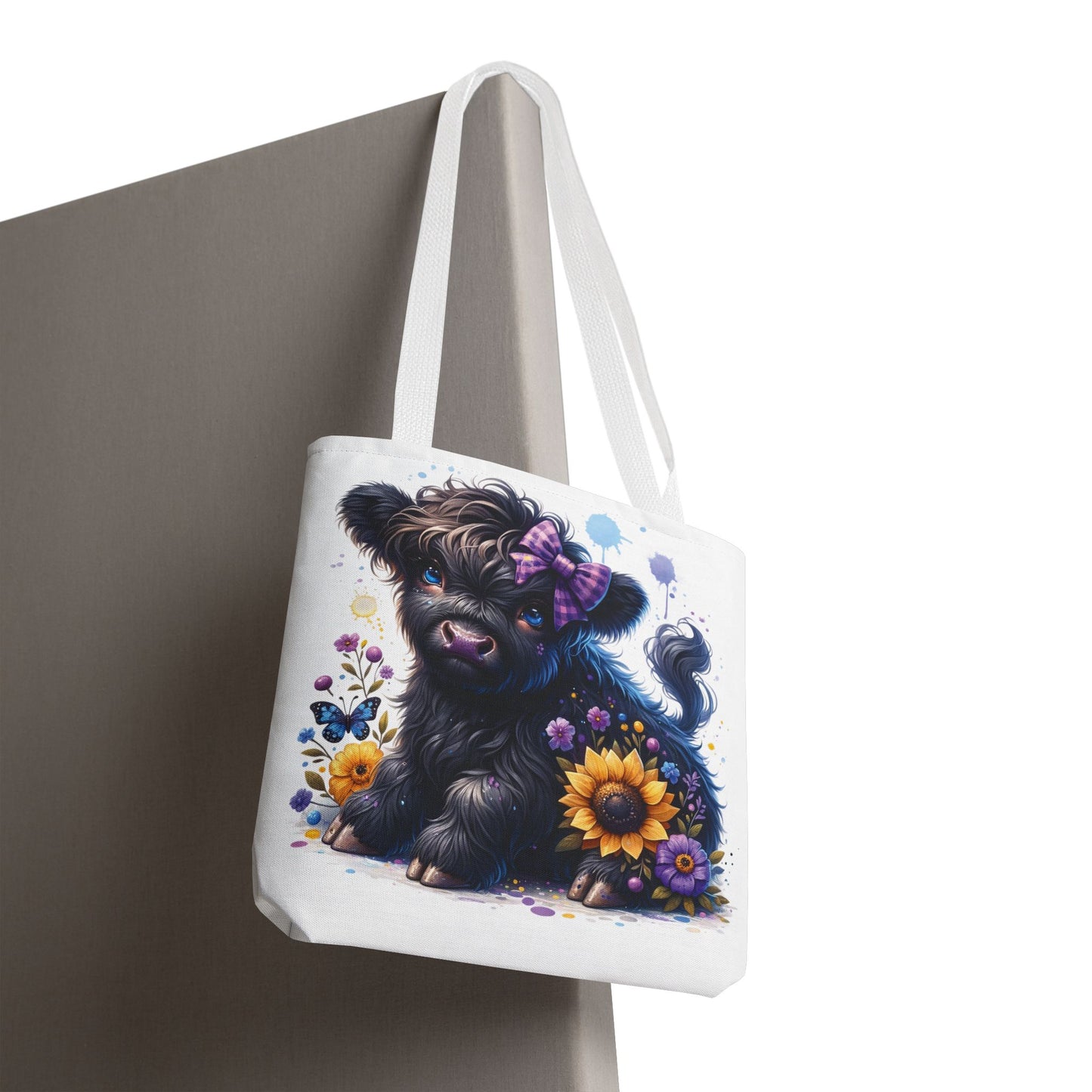 💜 Purple Bow Black Highland Calf Tote Bag – Country Charm with a Pop of Color 🐮👜