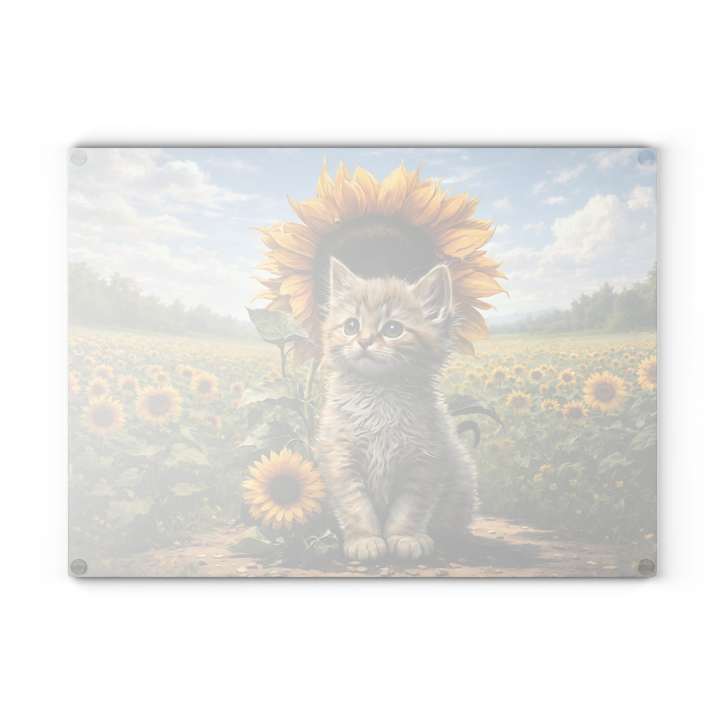 Sunflower Kitten Glass Cutting Board – Whimsical Floral Cat Art Kitchen Decor