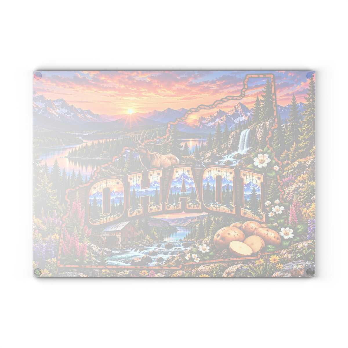 Idaho Glass Cutting Board – Idaho State Map, Rocky Mountains, Elk, Waterfalls, Potatoes & Mountain Sunset Kitchen Décor