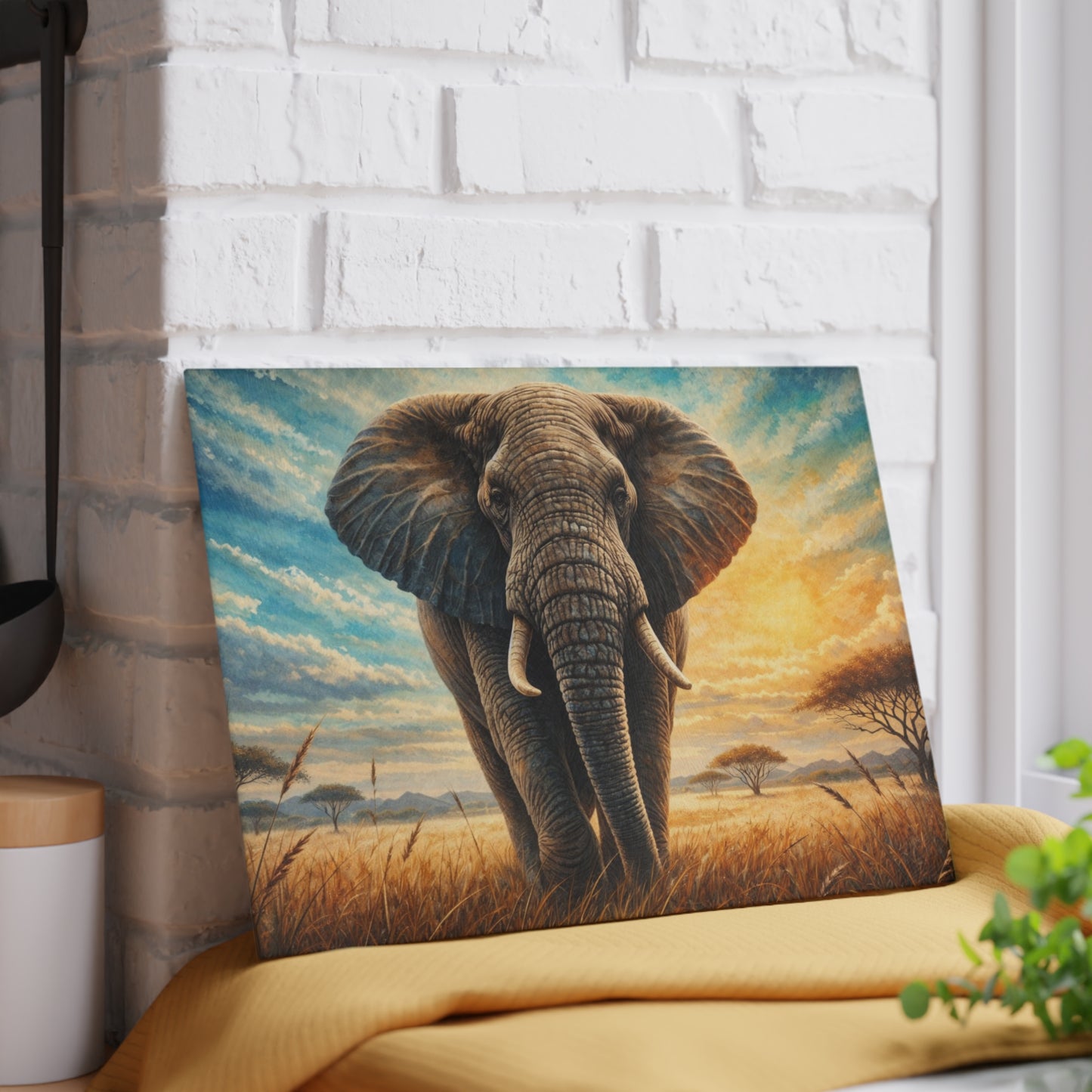 Savanna Guardian Elephant Glass Cutting Board – Dramatic Wildlife Sunset Kitchen Art