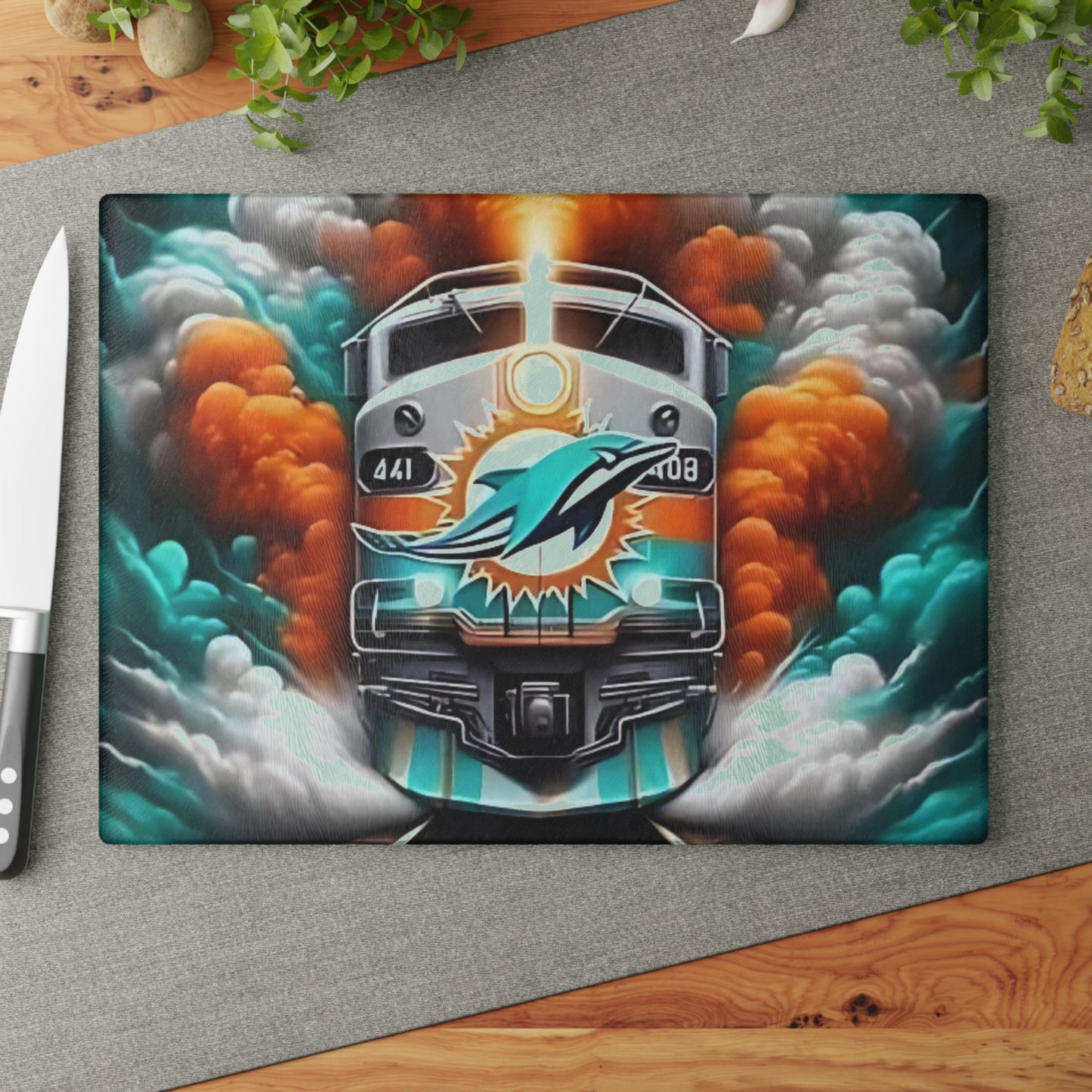 Teal & Orange Express Glass Cutting Board – Tropical Train Design for Vibrant Kitchens