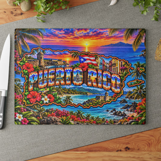 Puerto Rico Glass Cutting Board – Tropical Island Map, El Morro Fortress, Colorful Old San Juan & Caribbean Sunset Kitchen Décor