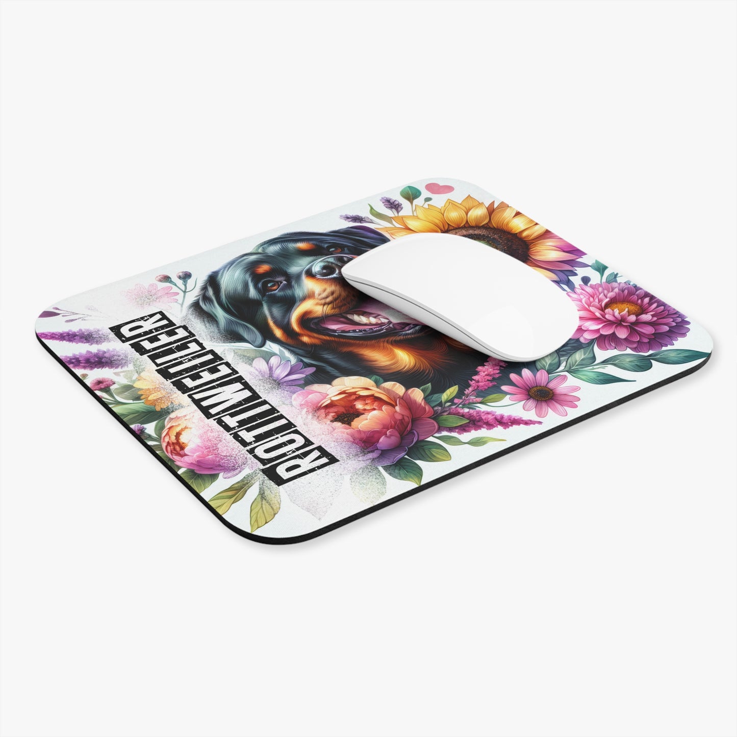 🖱️🌻 Rottweiler Mouse Pad – Smiling Rottie with Sunflowers & Florals
