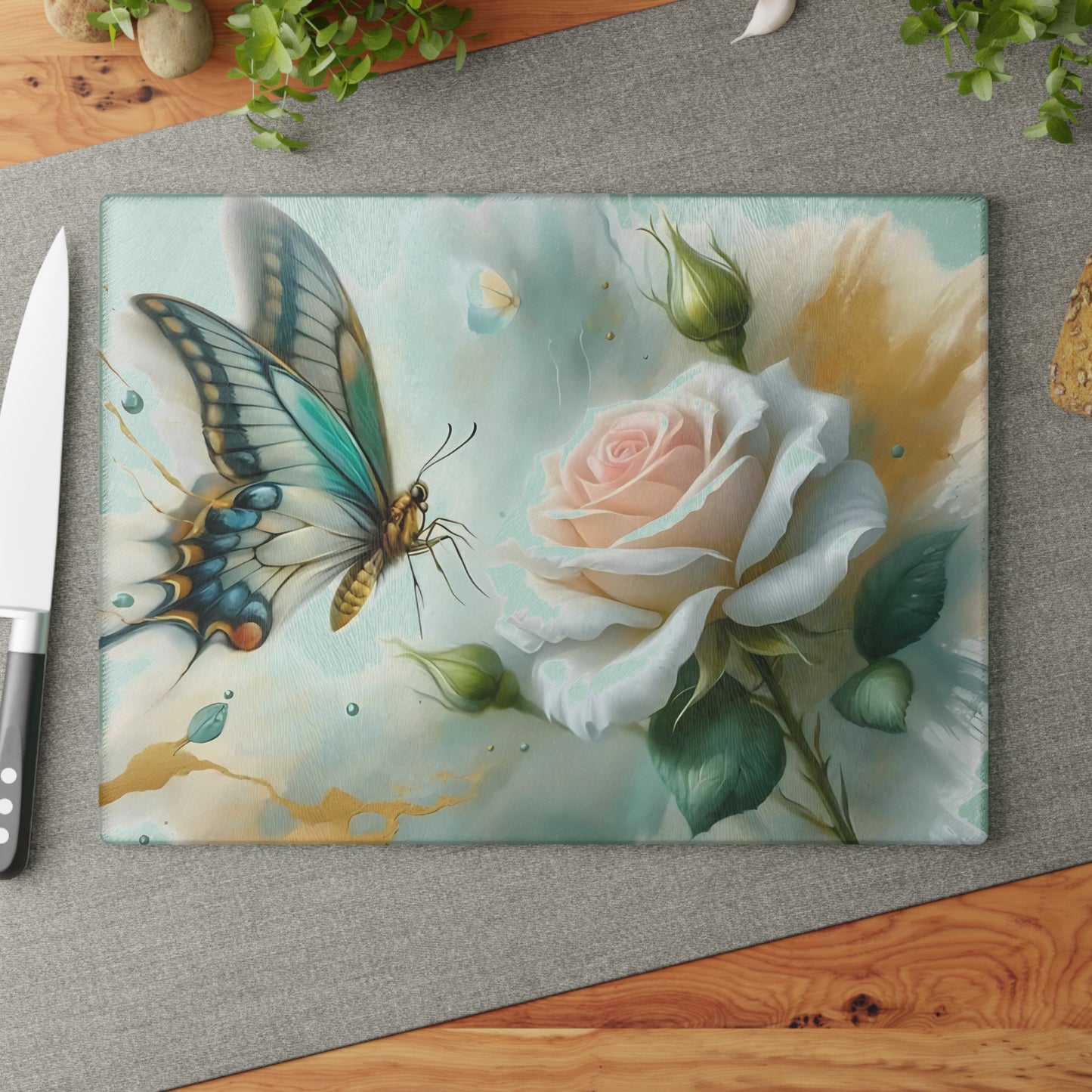 Butterfly & Single Rose Glass Cutting Board – Graceful Beauty for Your Kitchen