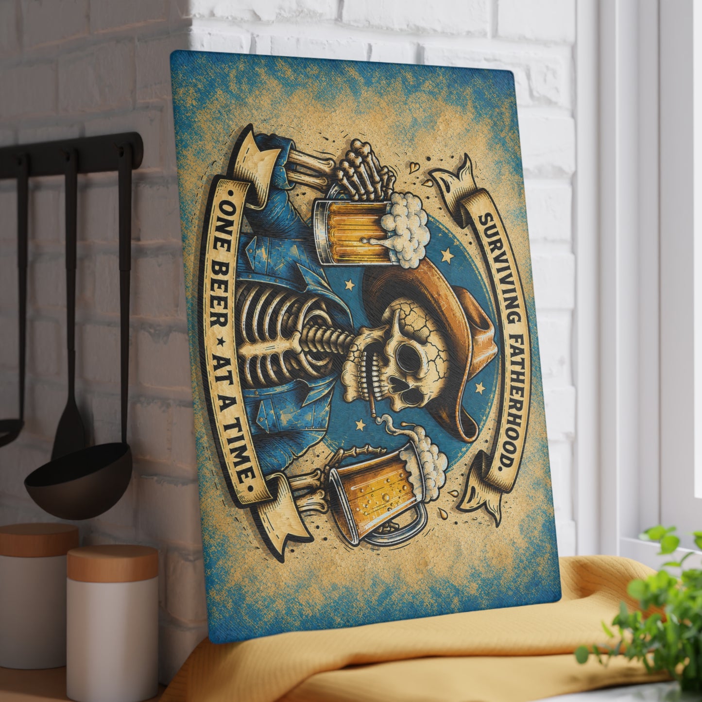 Surviving Fatherhood One Beer at a Time Glass Cutting Board – Funny Dad Skeleton Cowboy Decor