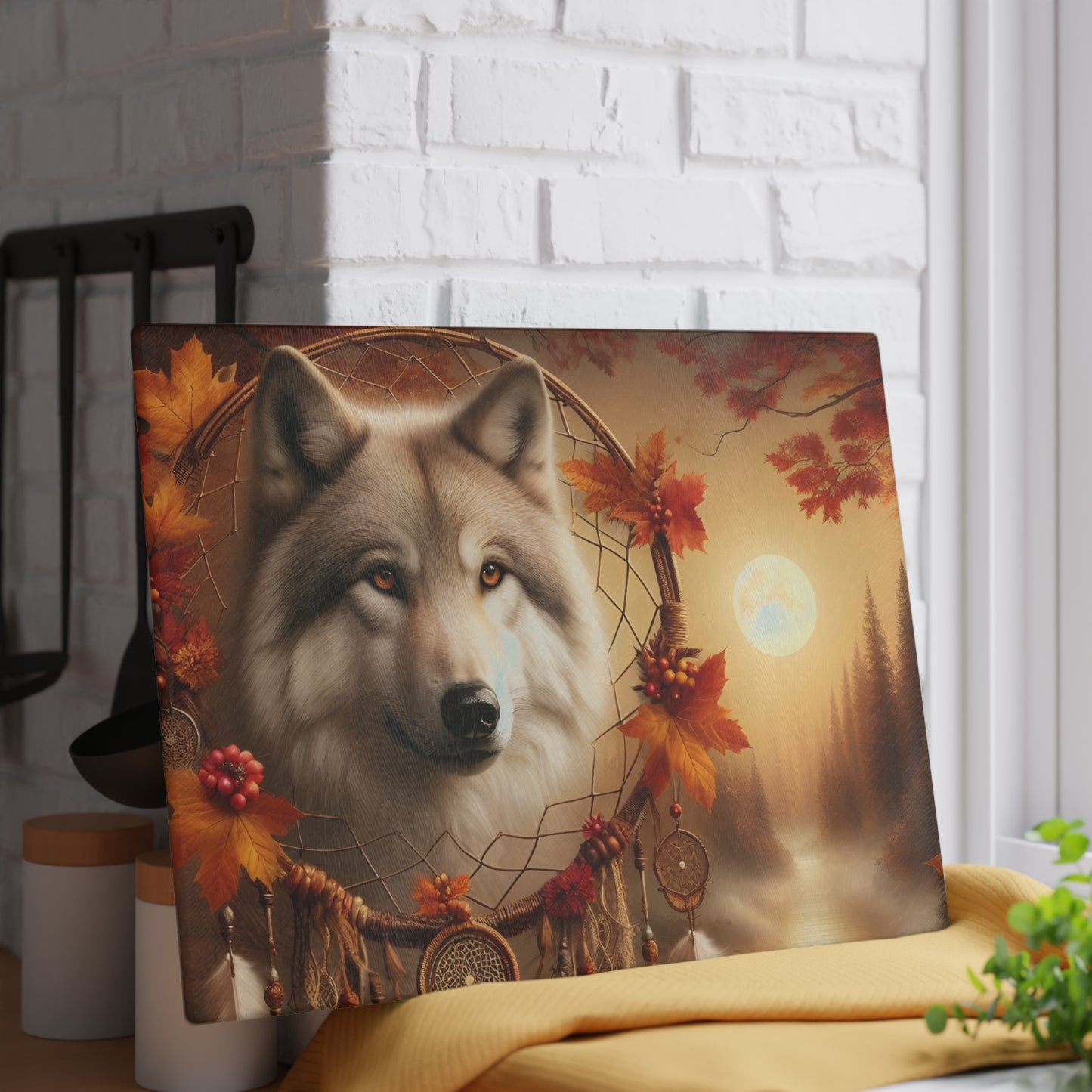 🐺 Autumn Wolf Dreamcatcher Cutting Board – Mystical Forest Elegance 🌕