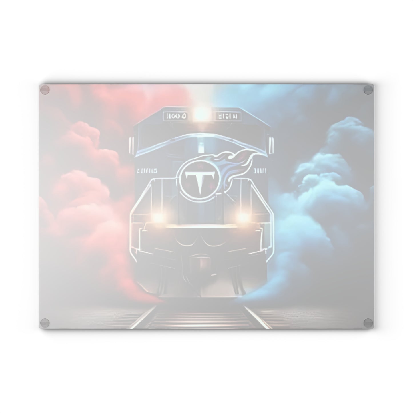 Tabla de cortar de vidrio Express en azul marino y rojo: un diseño de tren audaz para cocinas modernas y atrevidas