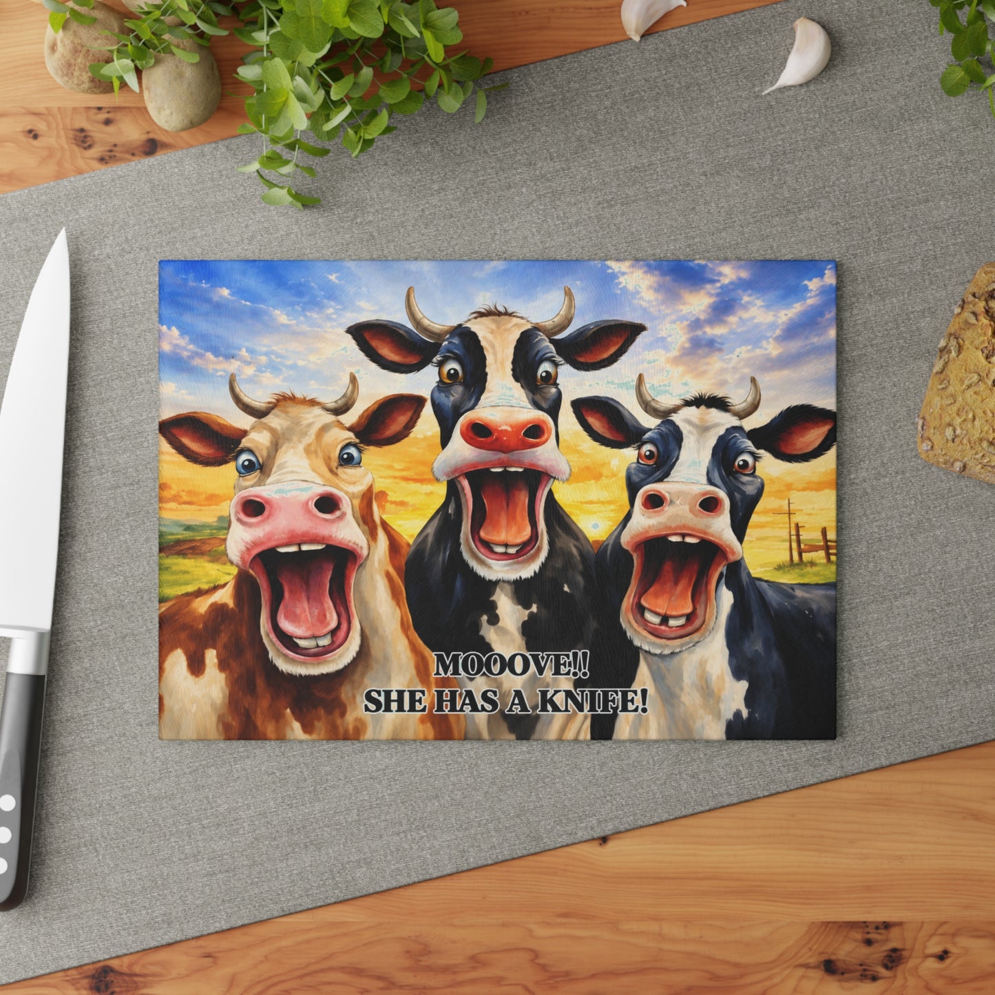 Mooove!! She Has a Knife Glass Cutting Board – Funny Farm Kitchen Decor