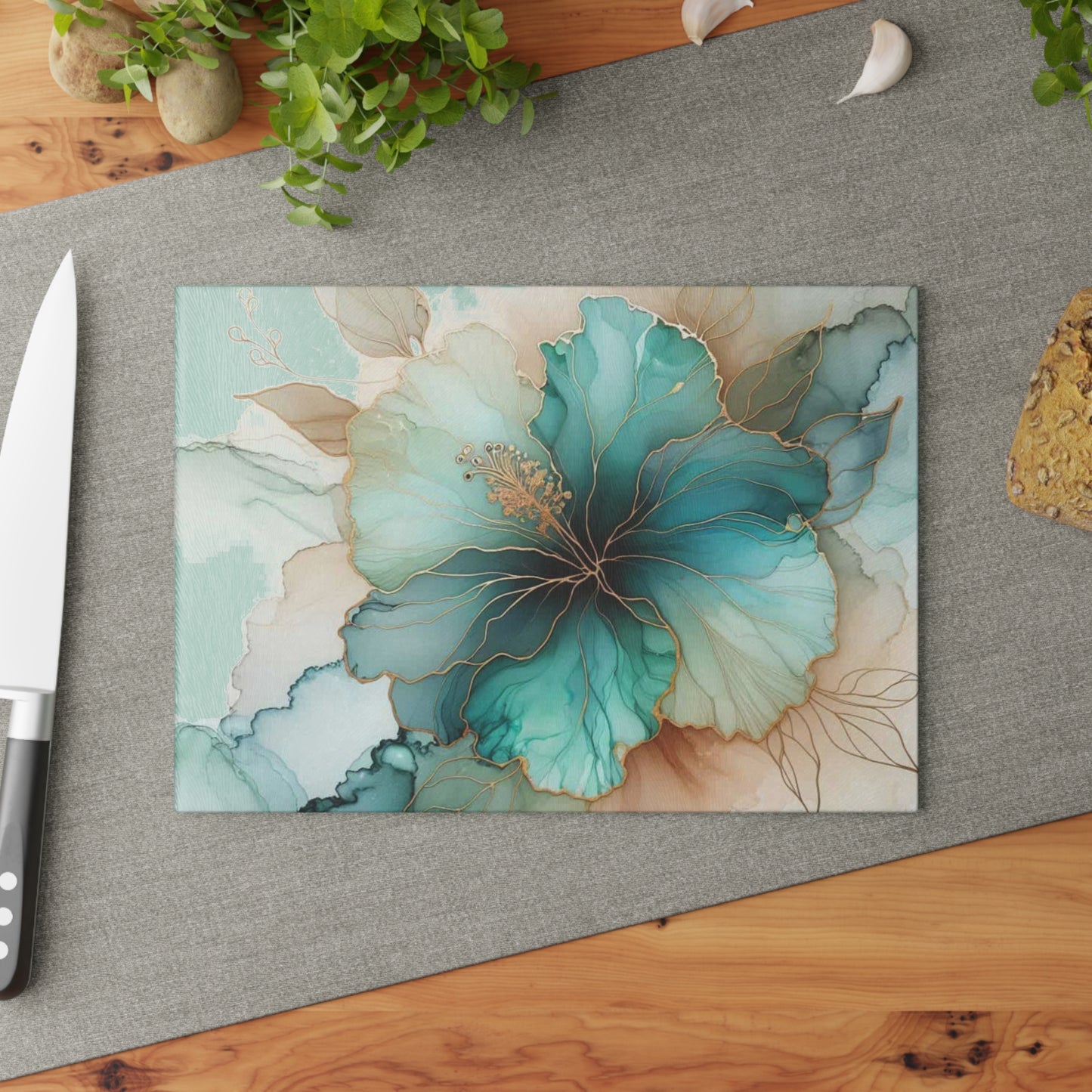 Teal Bloom Harmony Cutting Board – Soft Watercolor Floral Kitchen Art