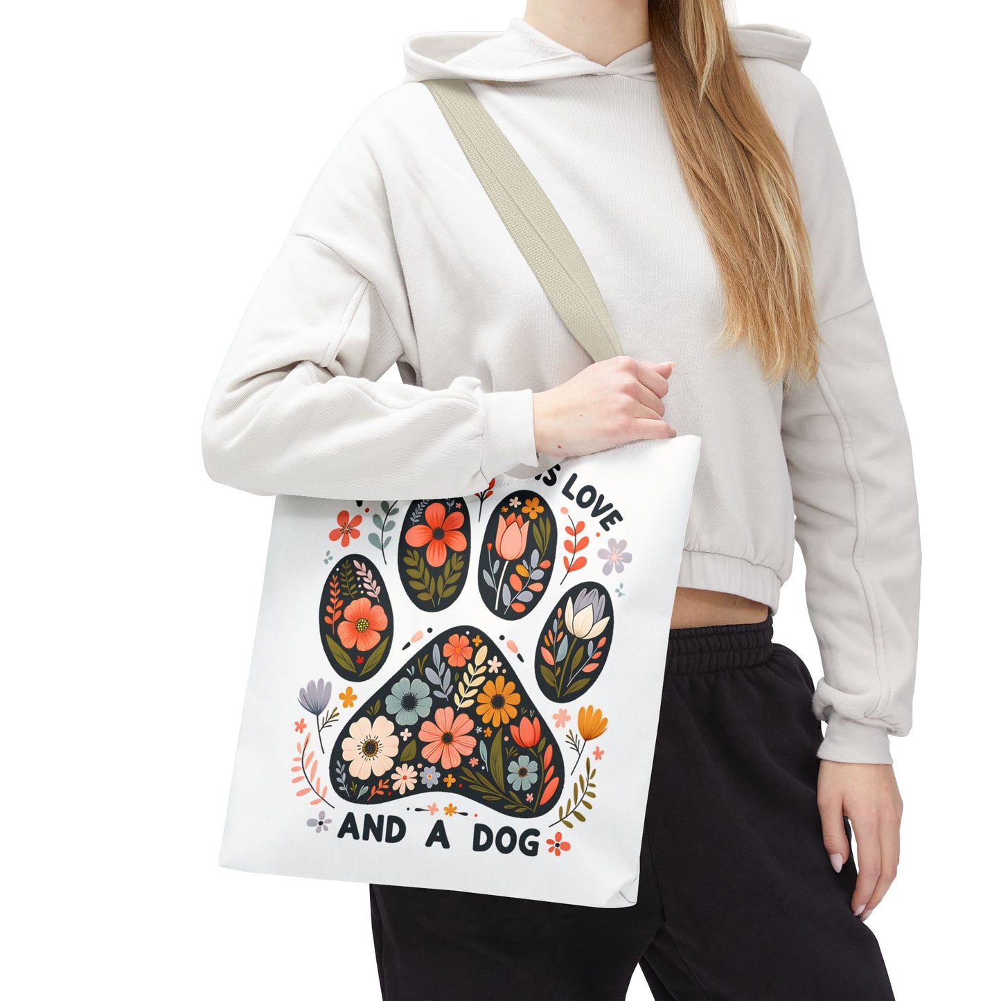 🐾 All You Need is Love and a Dog Tote Bag – Floral Paw Print Perfection 🌸