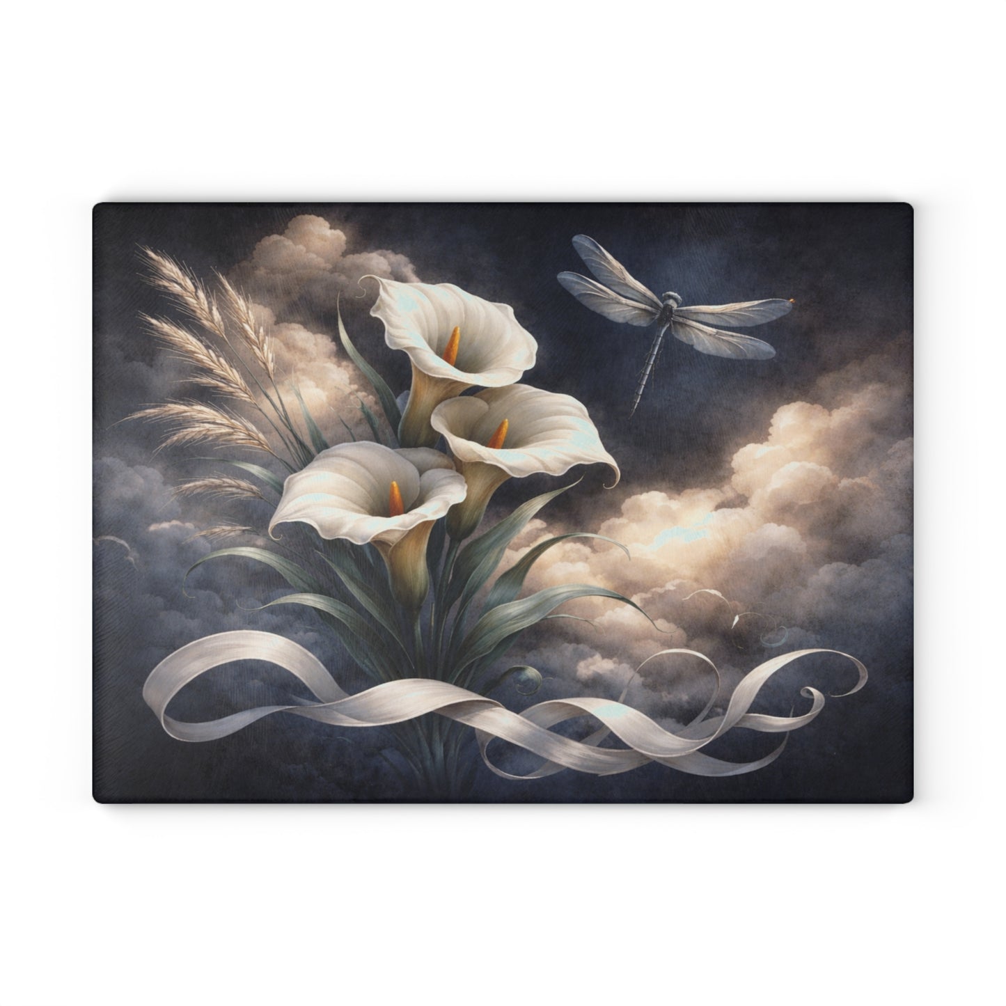 Calla Lily and Dragonfly Glass Cutting Board – Elegant Floral Botanical Artwork