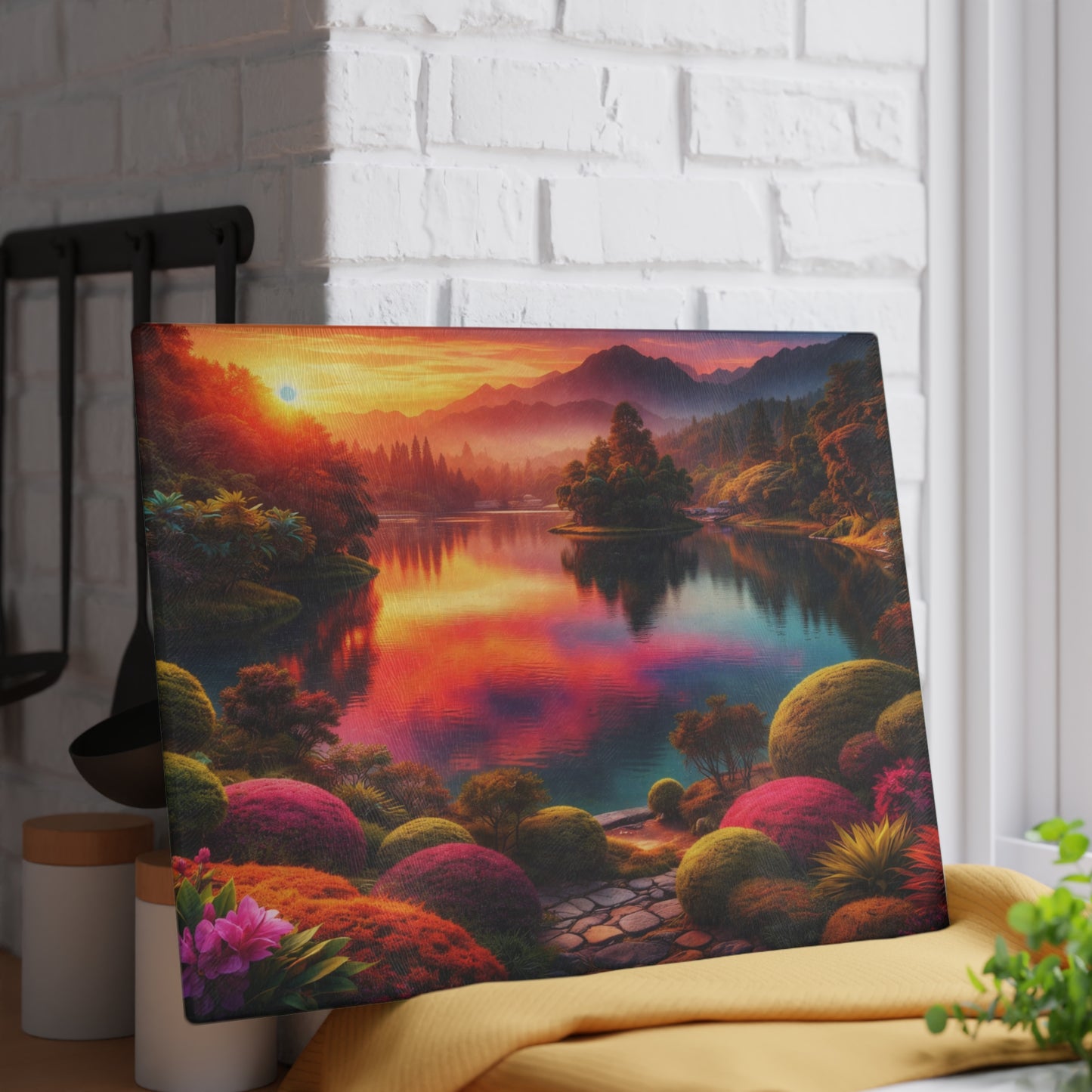 Sunset Garden Lake Glass Cutting Board – Vibrant Nature Landscape Kitchen Art