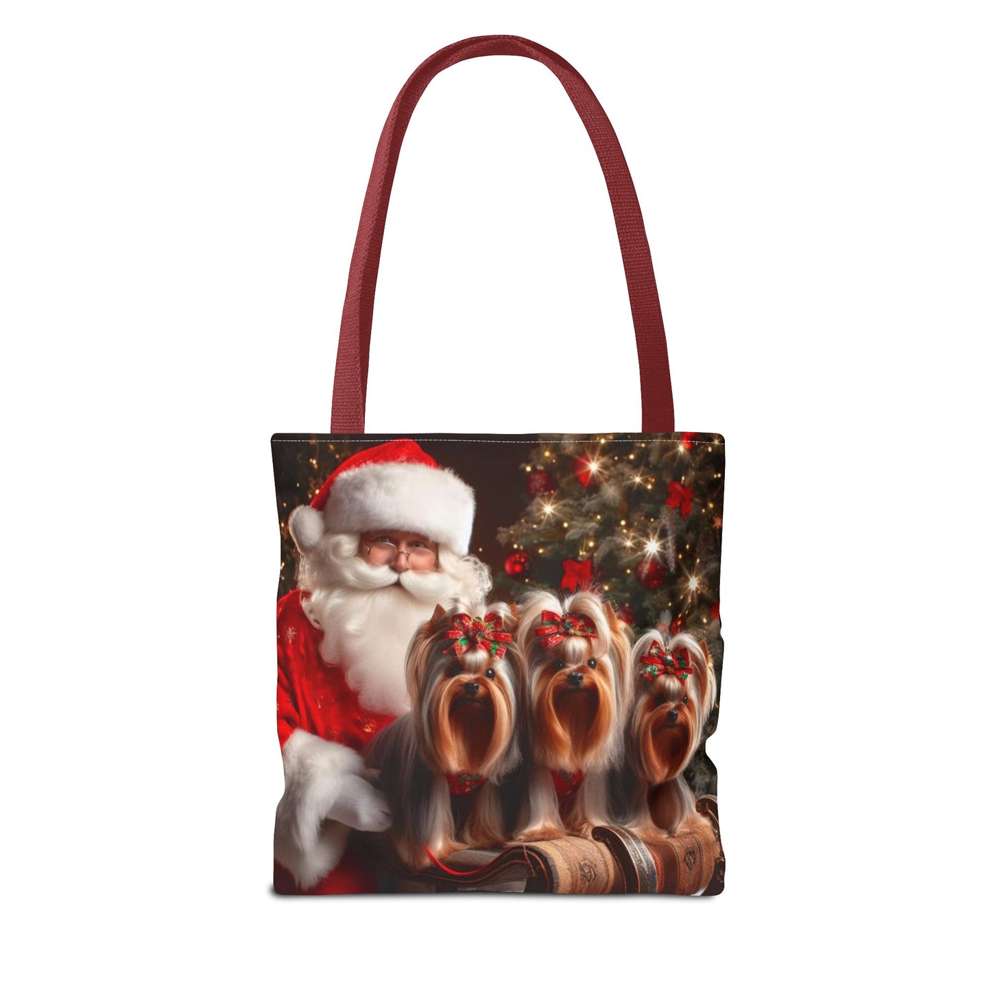 🎅 Santa & Yorkies Christmas Tote Bag – Holiday Cheer with a Furry Twist 🎄