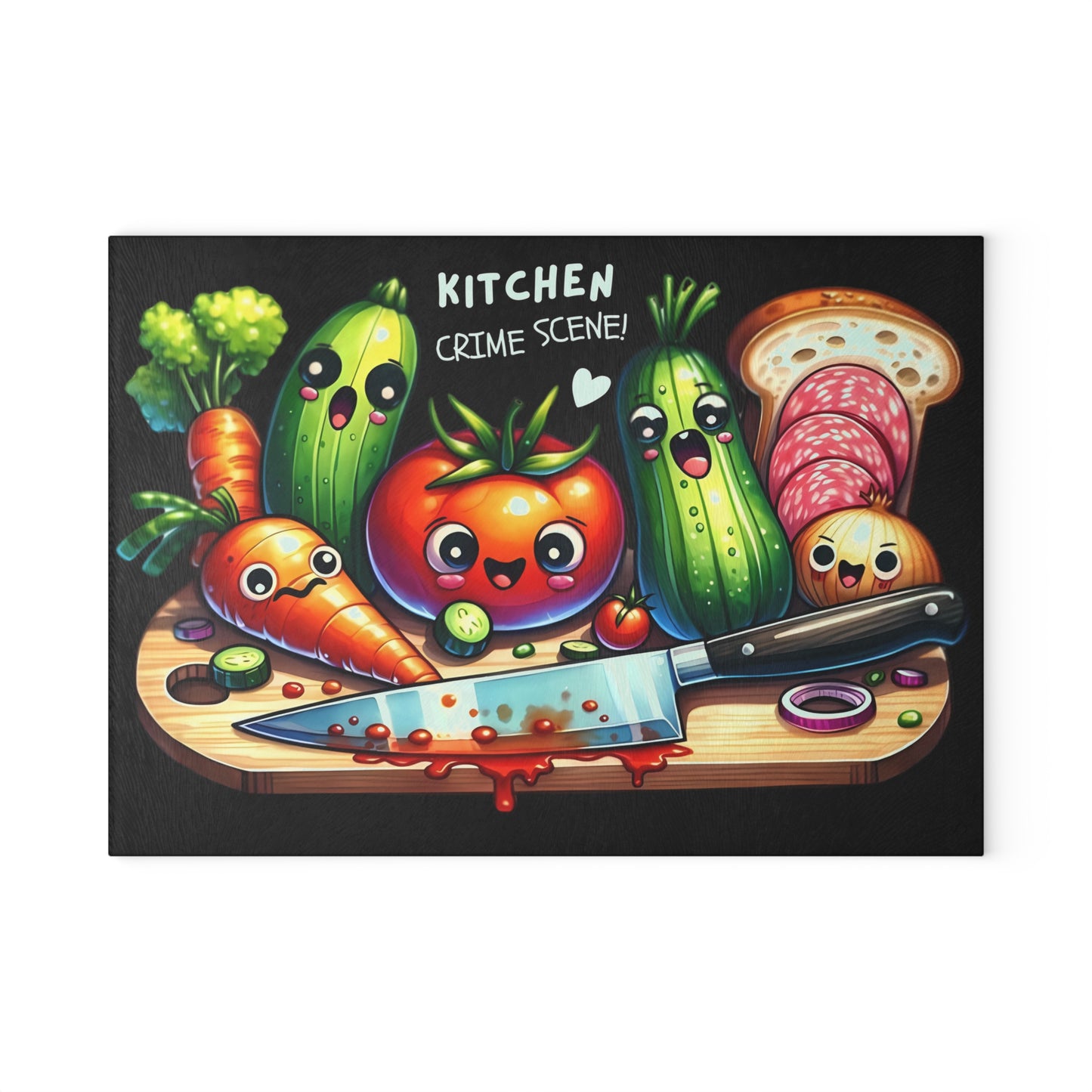Tabla de cortar de vidrio con temática de escena del crimen en la cocina: verduras, pan y salami que gritan, decoración divertida para la cocina