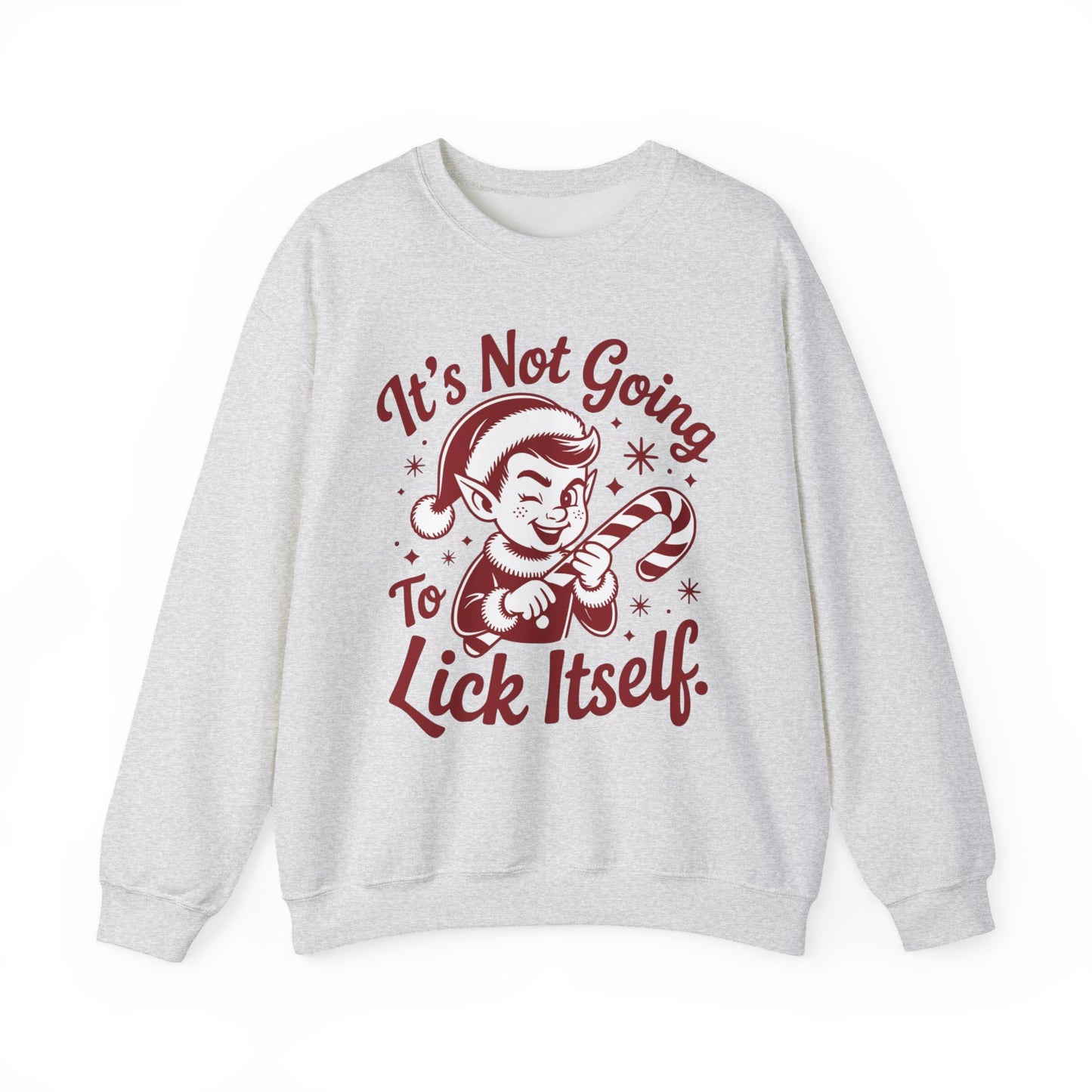 🍭😅 “It’s Not Going To Lick Itself” Men’s Funny Elf Sweatshirt – Bold Candy Cane Humor Crewneck