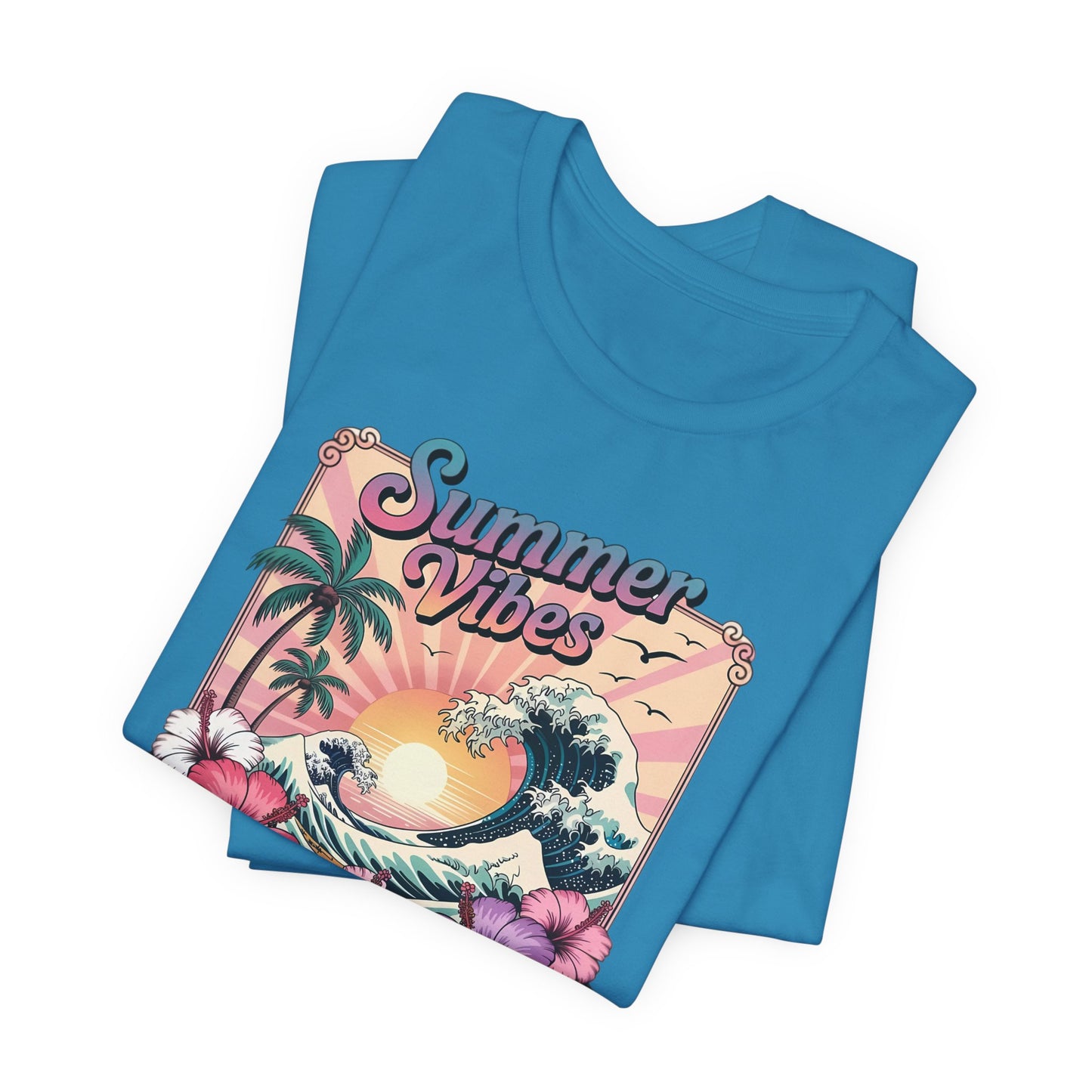 ☀️ Camiseta Summer Vibes – Ola playera vibrante, hibisco y palmeras | Camiseta gráfica para mujer