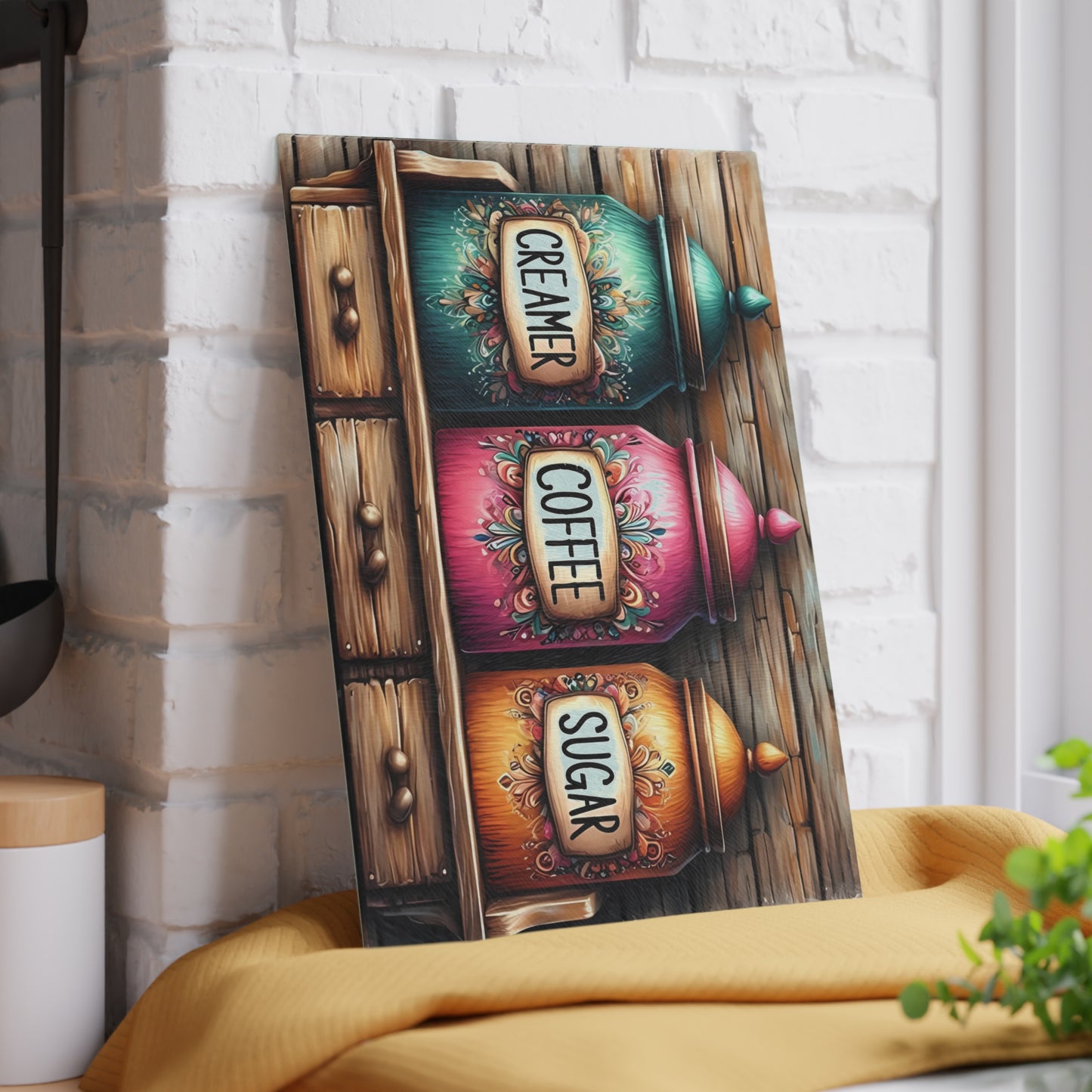 Farmhouse Canister Glass Cutting Board – Coffee, Sugar & Creamer Display