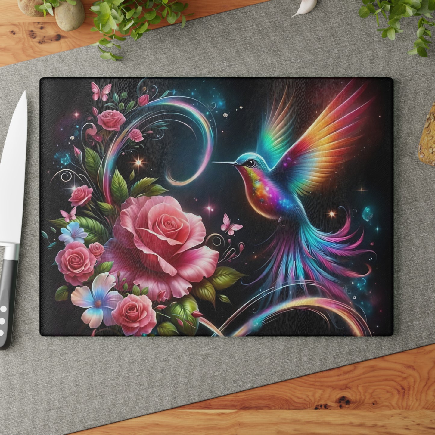 Hummingbird & Roses Tempered Glass Cutting Board – Floral Kitchen Decor, Spring Gift, Mother’s Day Present