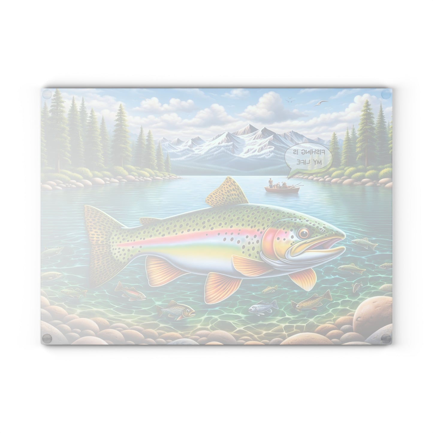 Fishing Is My Life Glass Cutting Board – Colorful Trout Lake Fishing Artwork