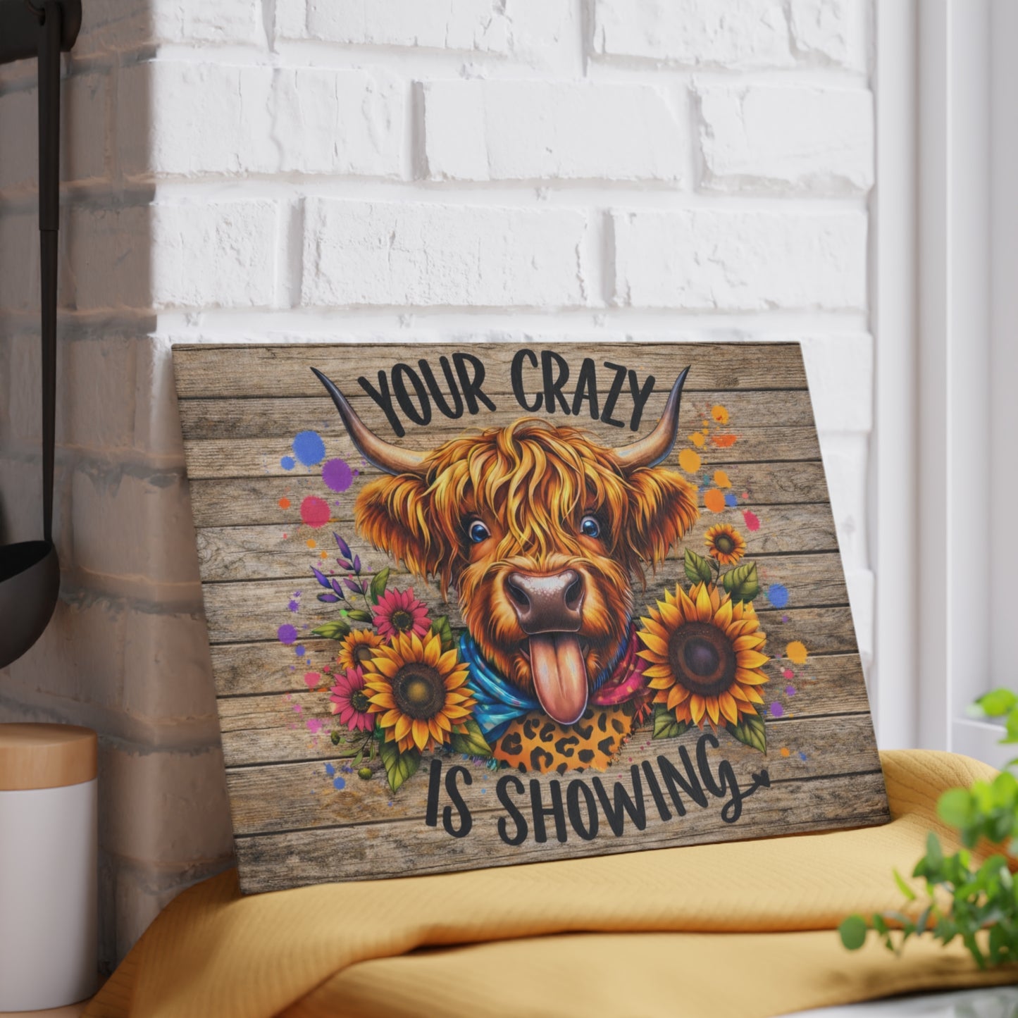 Your Crazy Is Showing Highland Cow Glass Cutting Board – Fun Farmhouse Kitchen Decor