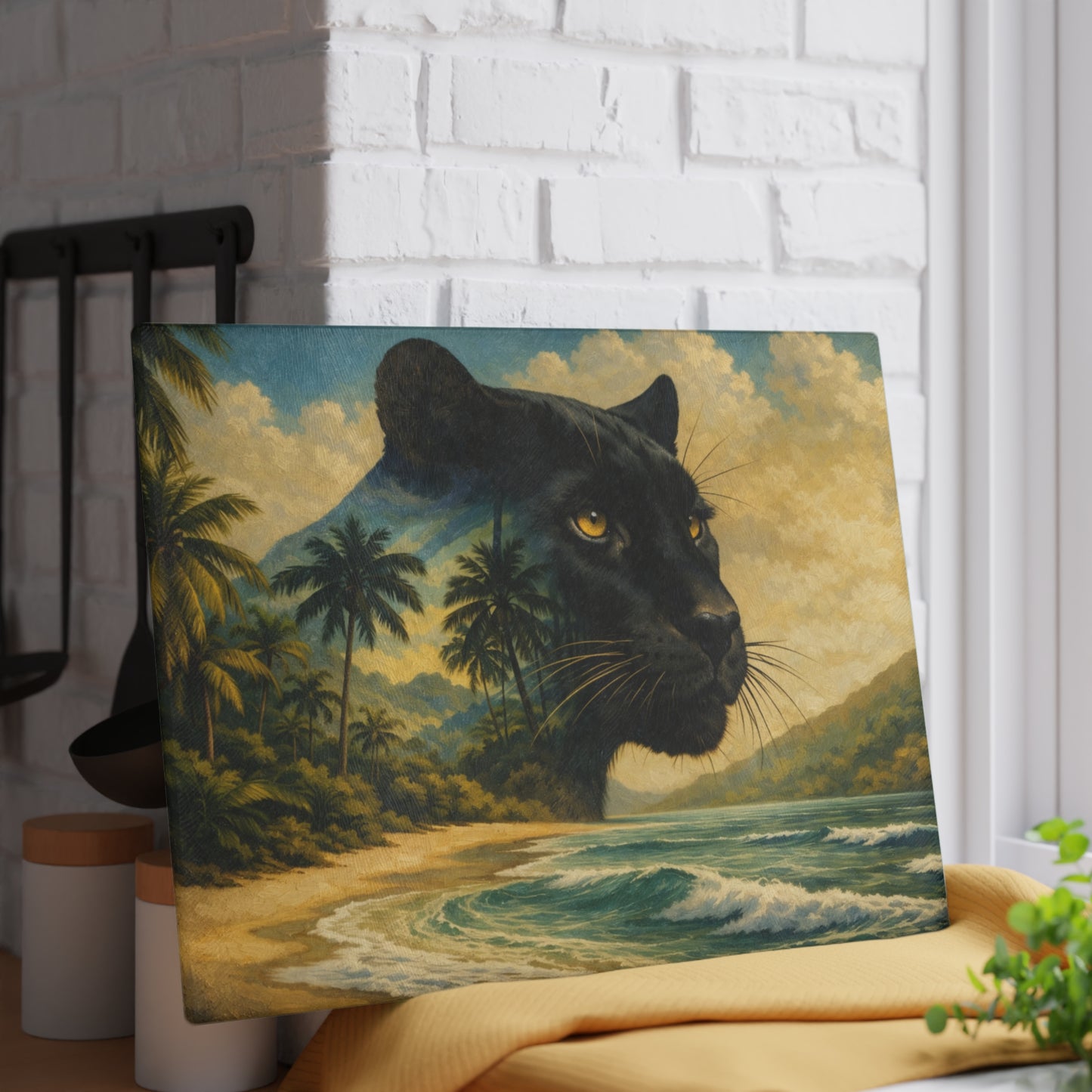 Black Panther Tropical Beach Glass Cutting Board – Exotic Wildlife Coastal Artwork