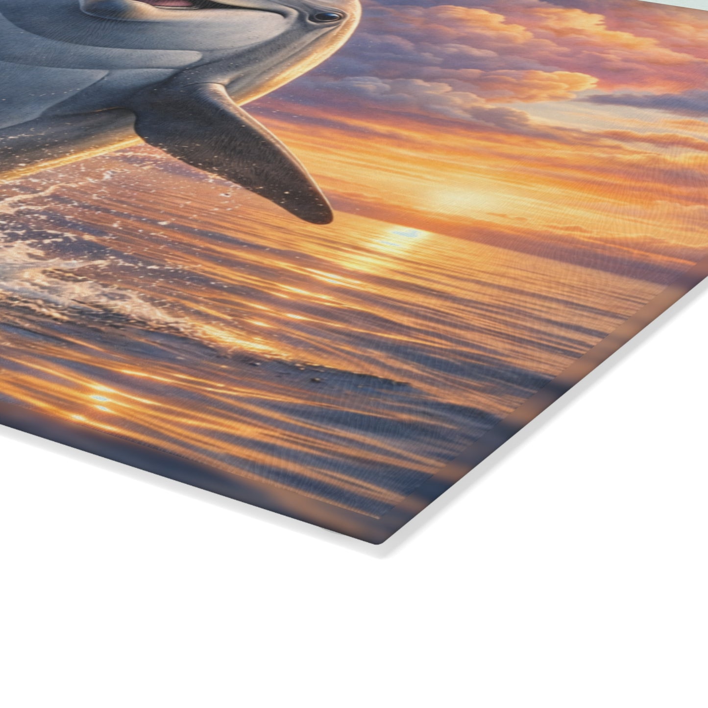 Joyful Dolphin Sunrise Glass Cutting Board – Uplifting Ocean Artwork