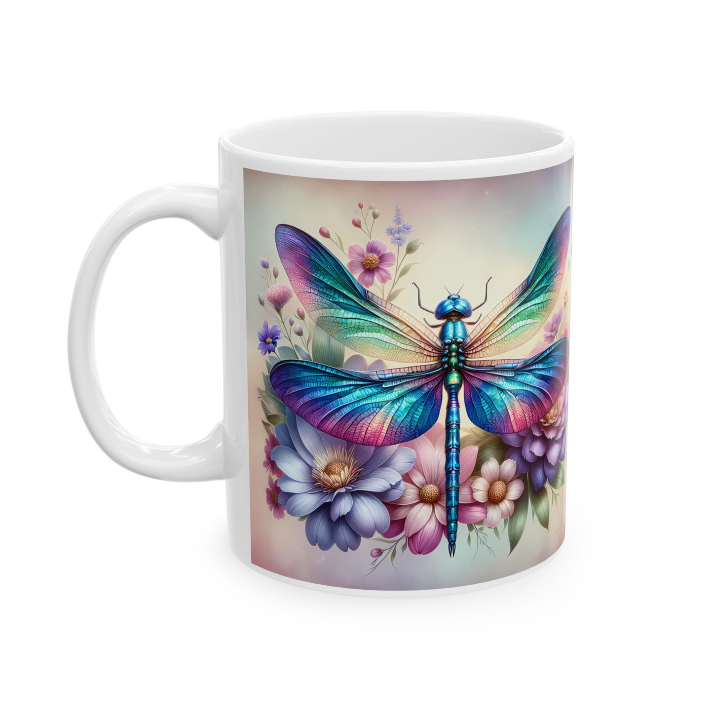 🌸 Vivid Garden Bloom – Envoltorio para taza de café con libélula arcoíris ☕