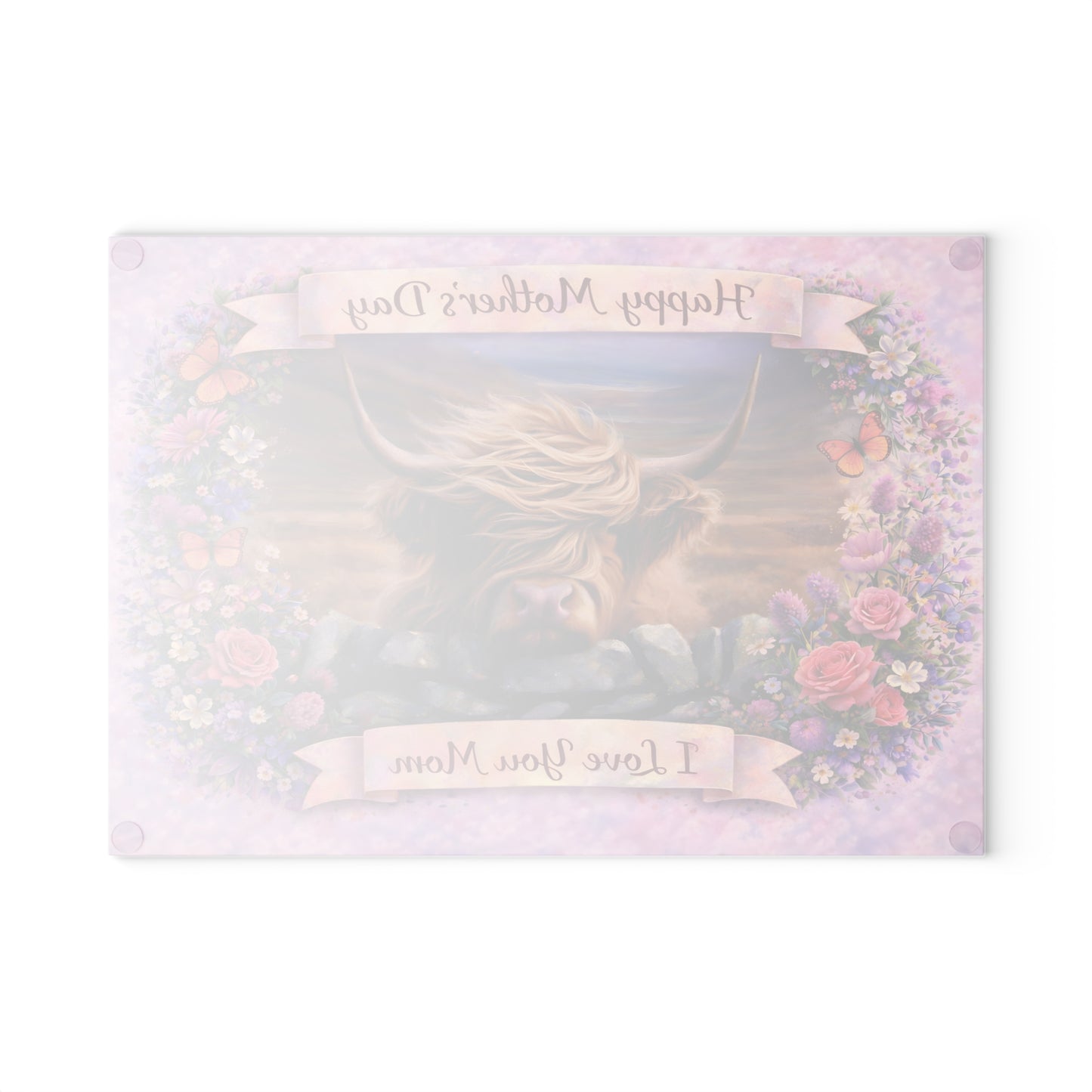 Mother’s Day Highland Cow Floral Glass Cutting Board – Soft Country Artwork with Butterflies