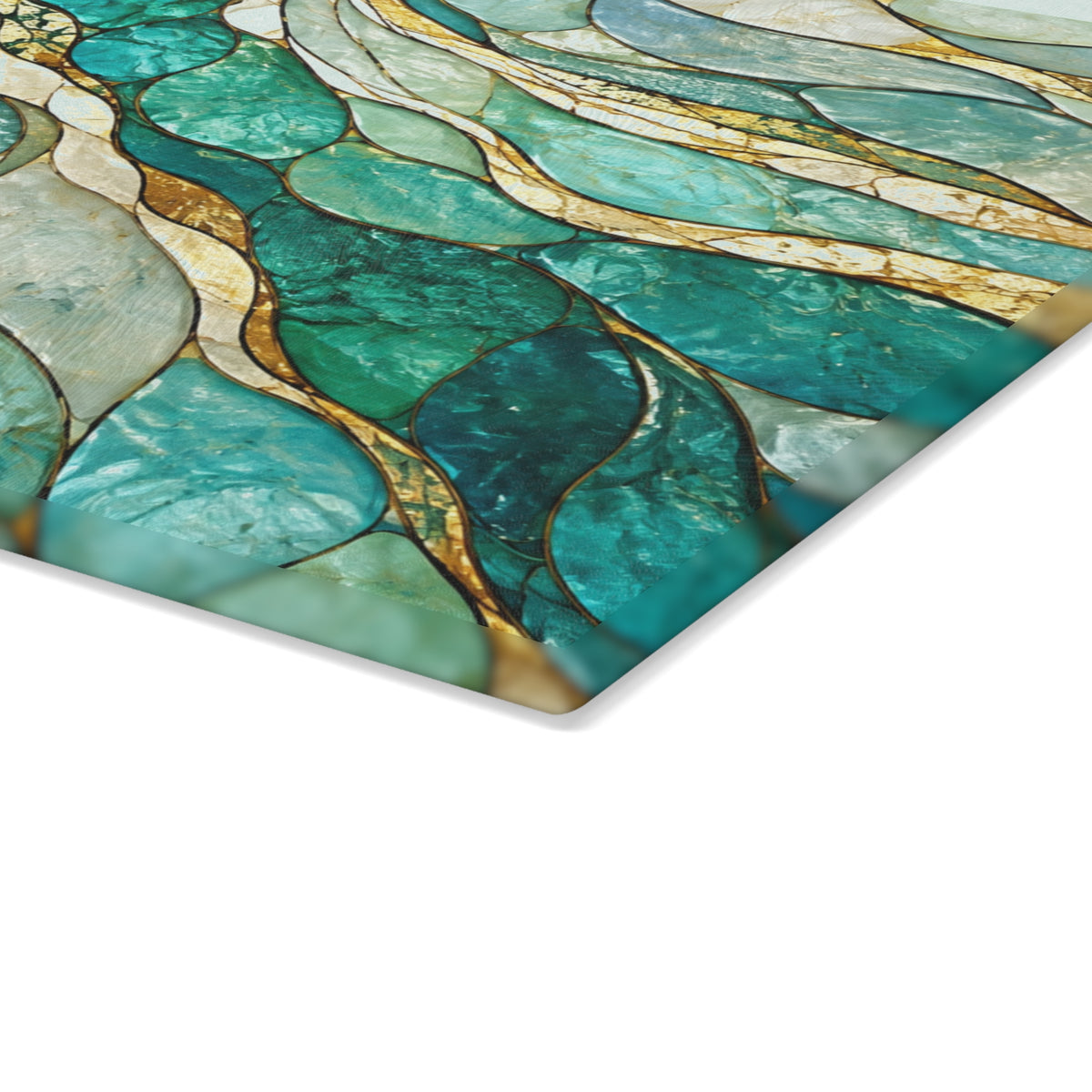 Aqua & Gold Stained-Glass-Inspired Glass Cutting Board – Abstract Kitchen Decor
